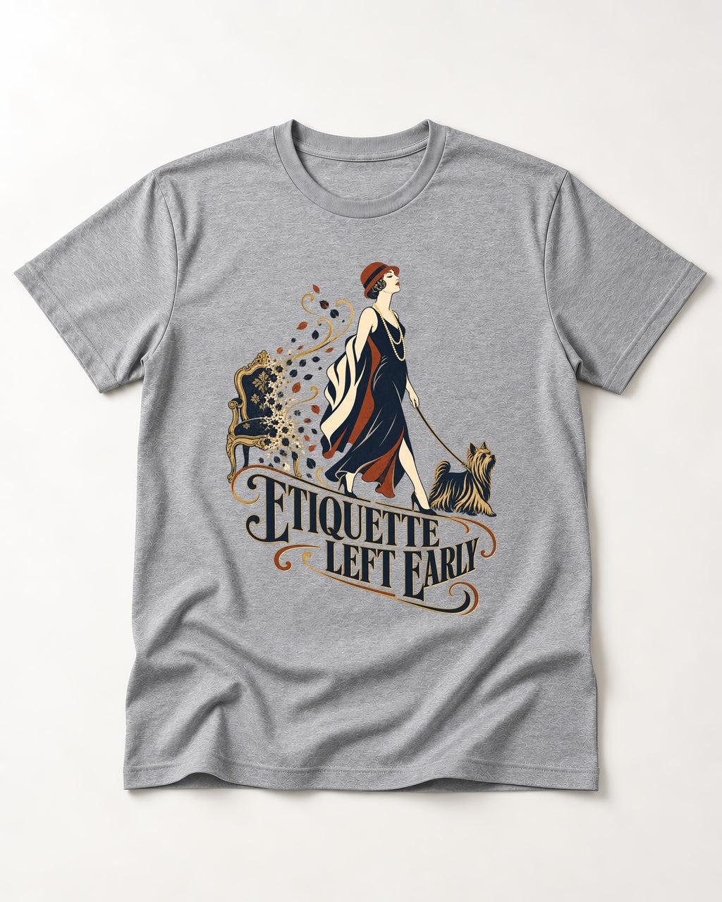 Yorkshire Terrier Etiquette Left Early T-Shirt in Sport Grey, flat lay product photo