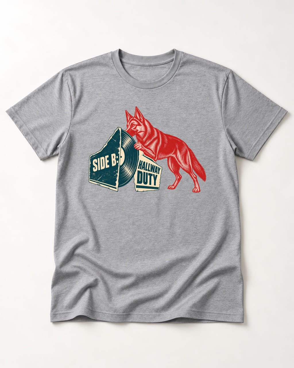Side B Hallway Duty Vinyl Record German Shepherd Dog Graphic T-Shirt in Sport Grey, flat lay product photo