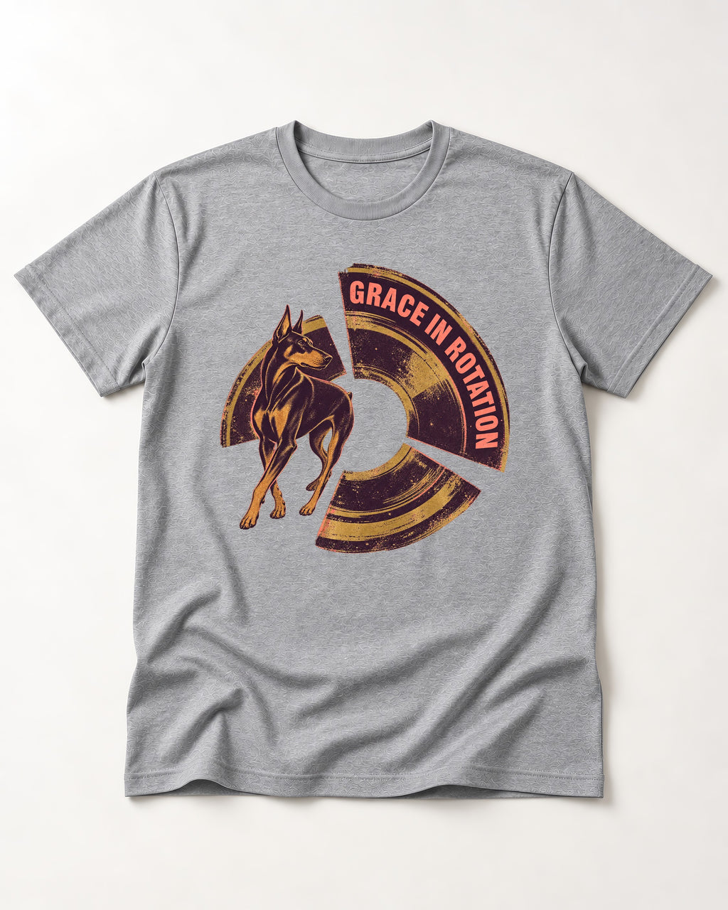 Doberman Grace in Rotation T-Shirt in Sport Grey, flat lay product photo