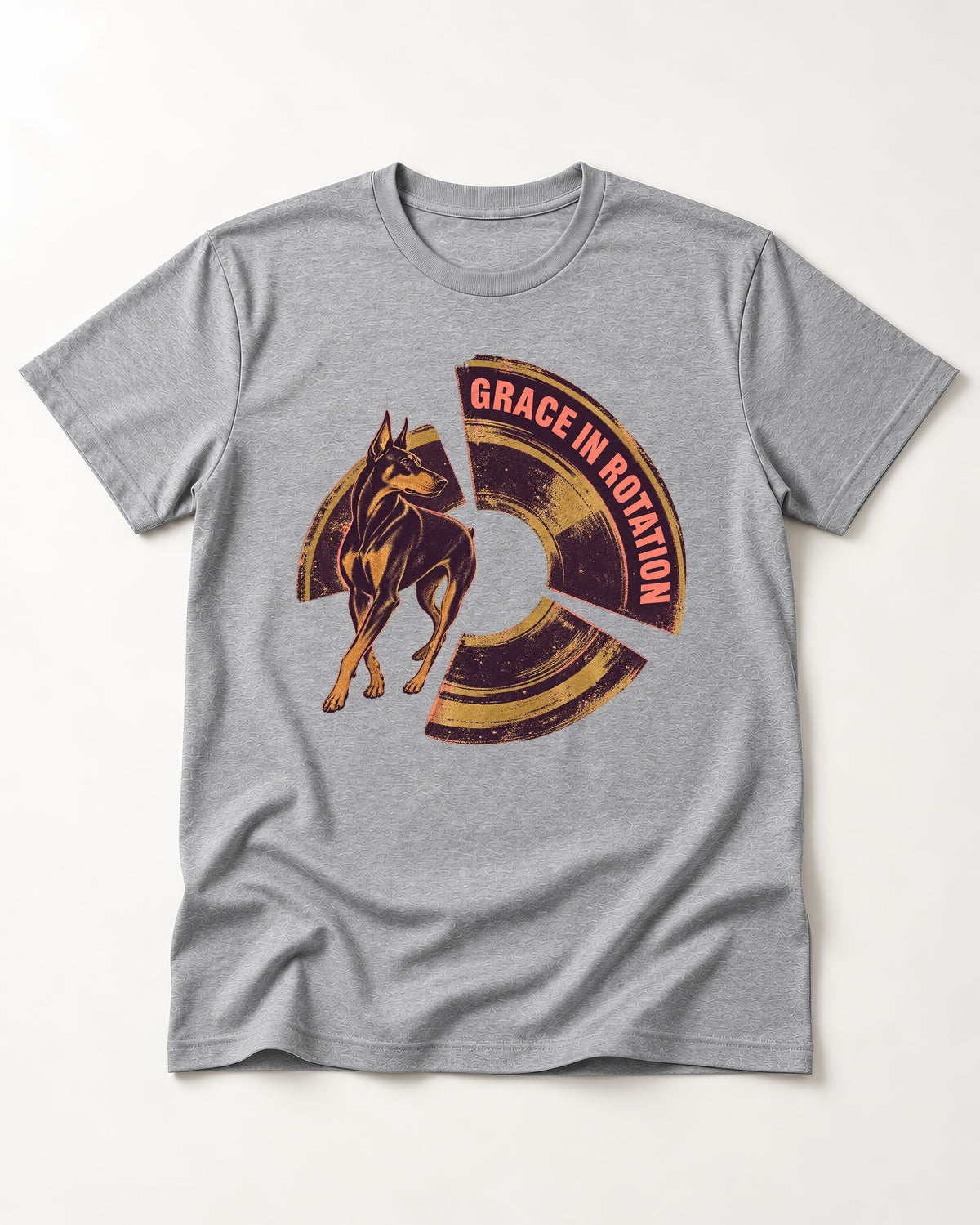 Doberman Grace in Rotation T-Shirt in Sport Grey, flat lay product photo