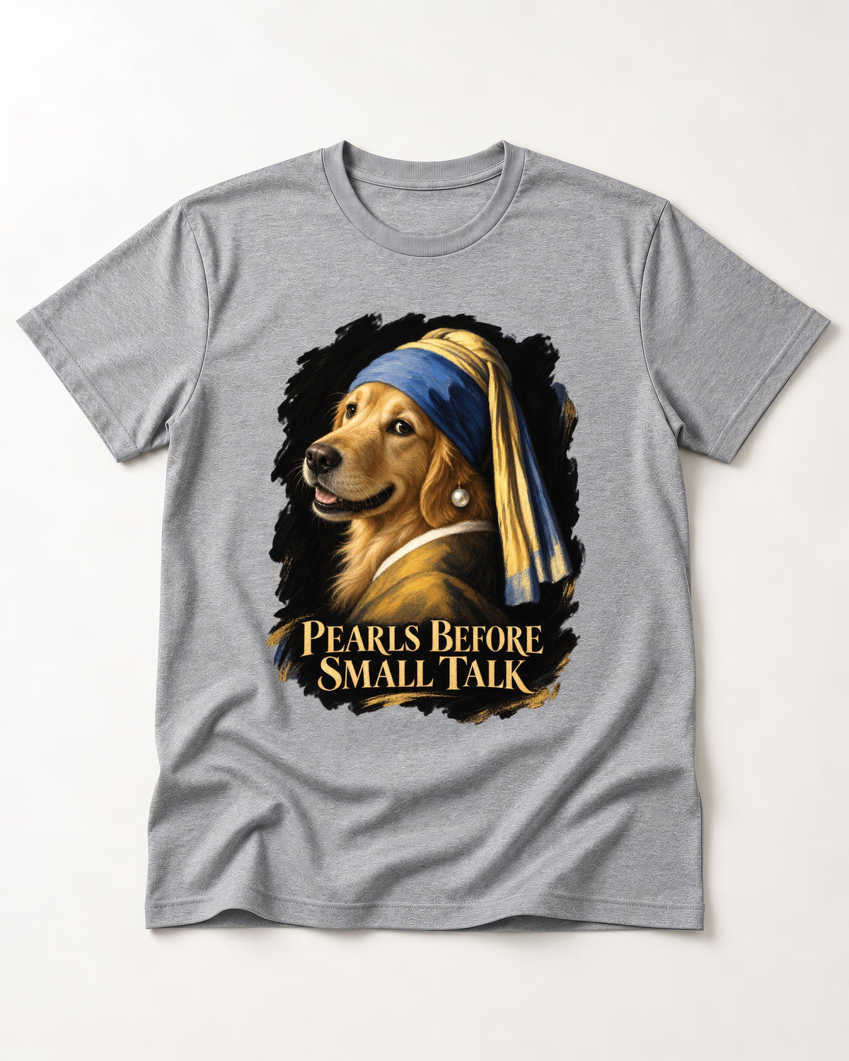 Pearls Before Small Talk Pearl Portrait Golden Retriever Graphic T-Shirt in Sport Grey, flat lay product photo