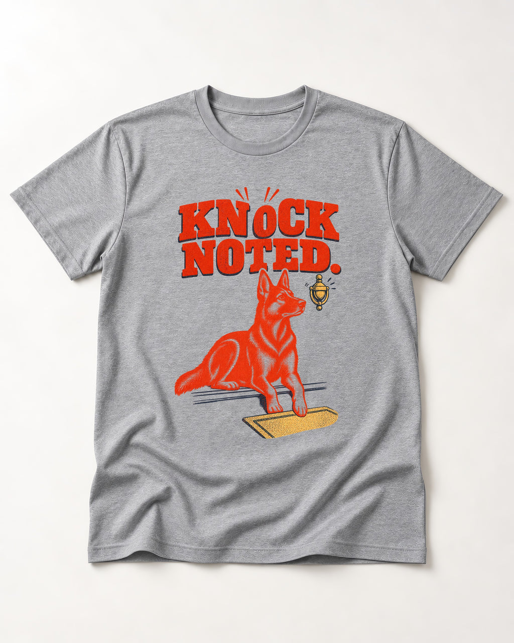 Knock Noted Door Knocker German Shepherd Dog Graphic T-Shirt in Sport Grey, flat lay product photo