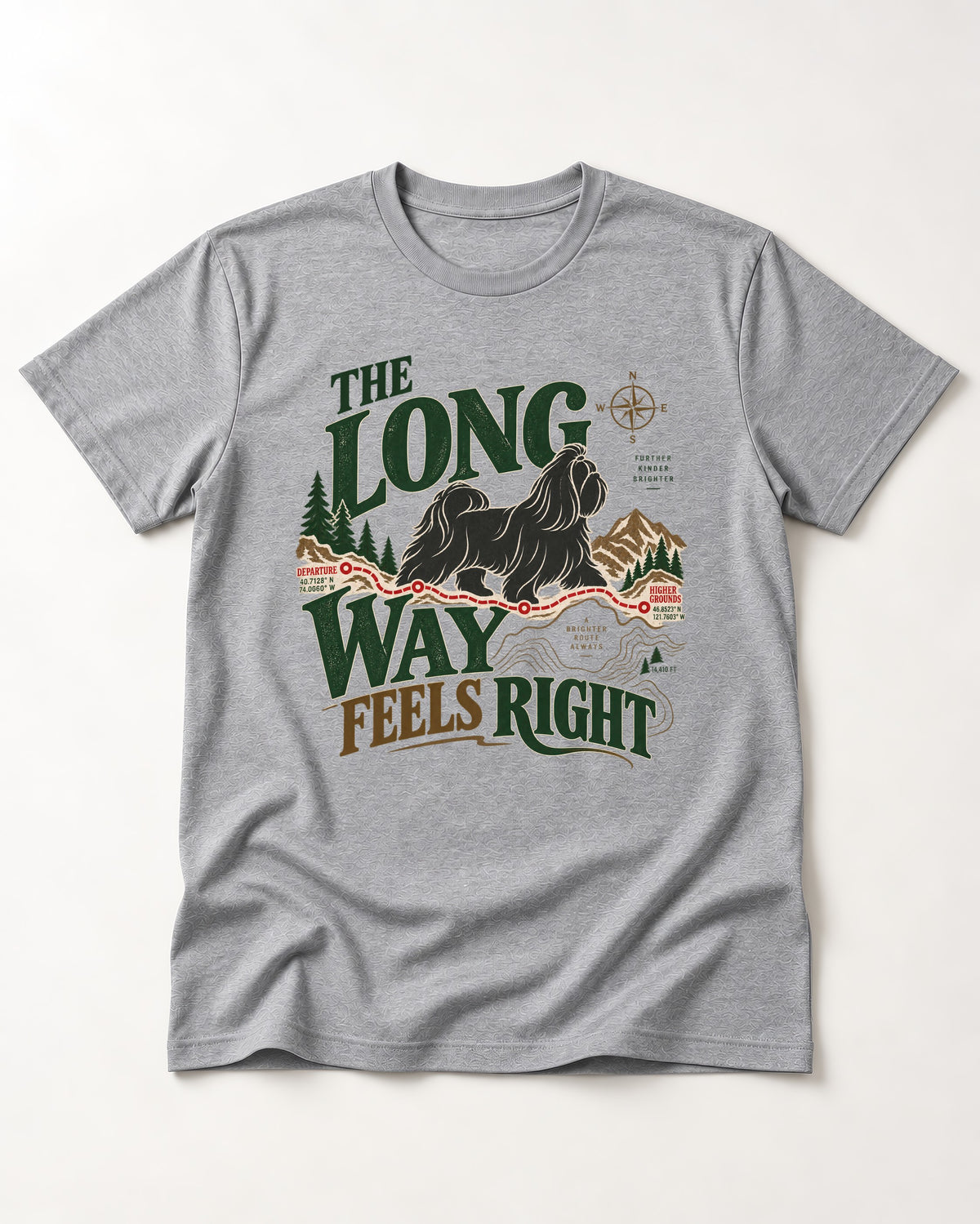 Shih Tzu Takes the Long Way T-Shirt in Sport Grey, flat lay product photo