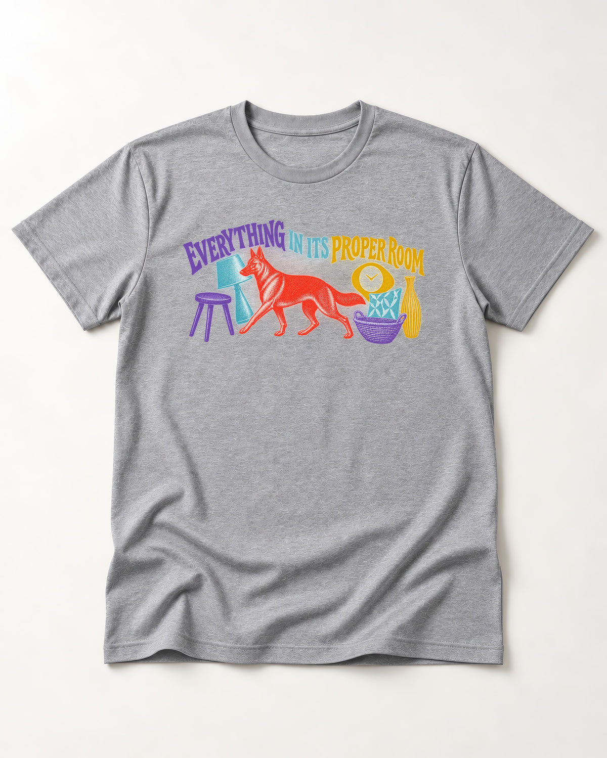 German Shepherd Dog In Its Proper Room T-Shirt in Sport Grey, flat lay product photo