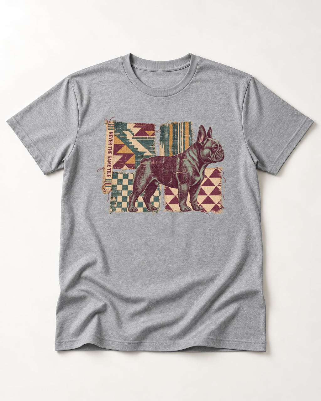 Frenchie Never the Same Tile Textile Graphic T-Shirt in Sport Grey, flat lay product photo