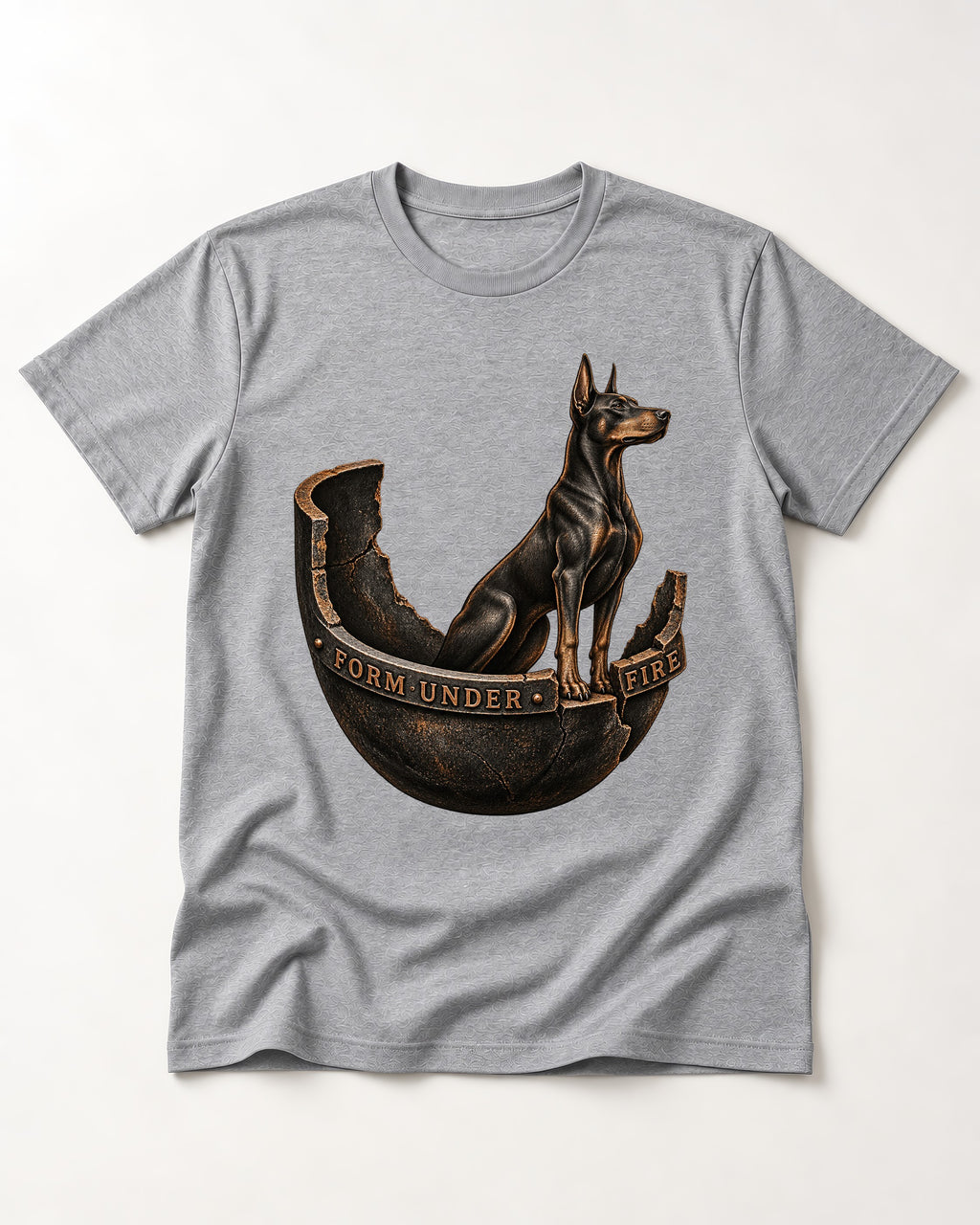 Doberman Form Under Fire Broken Shell Graphic T-Shirt in Sport Grey, flat lay product photo