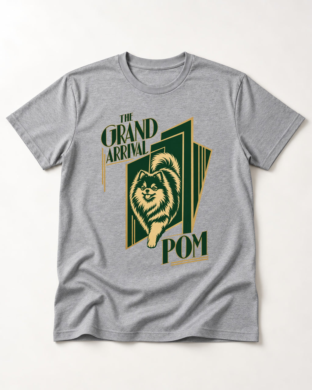 The Grand Arrival Pomeranian T-Shirt in Sport Grey, flat lay product photo