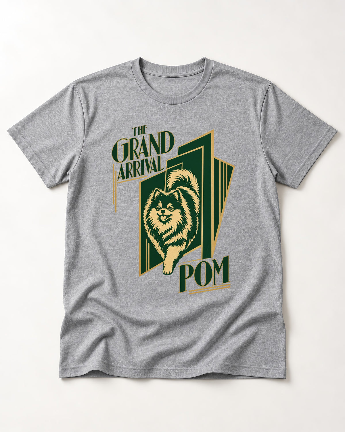 The Grand Arrival Pomeranian T-Shirt in Sport Grey, flat lay product photo