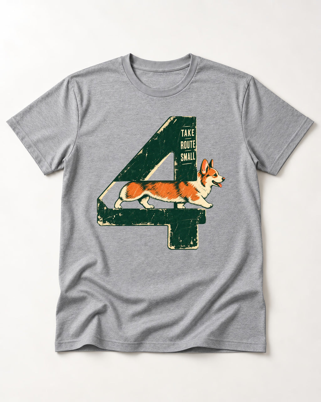 Take Route Small Corgi T-Shirt in Sport Grey, flat lay product photo