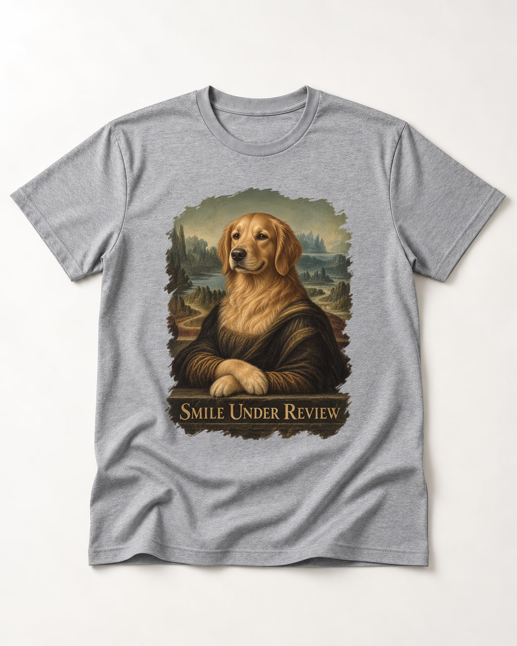 Smile Under Review Renaissance Portrait Golden Retriever Graphic T-Shirt in Sport Grey, flat lay product photo