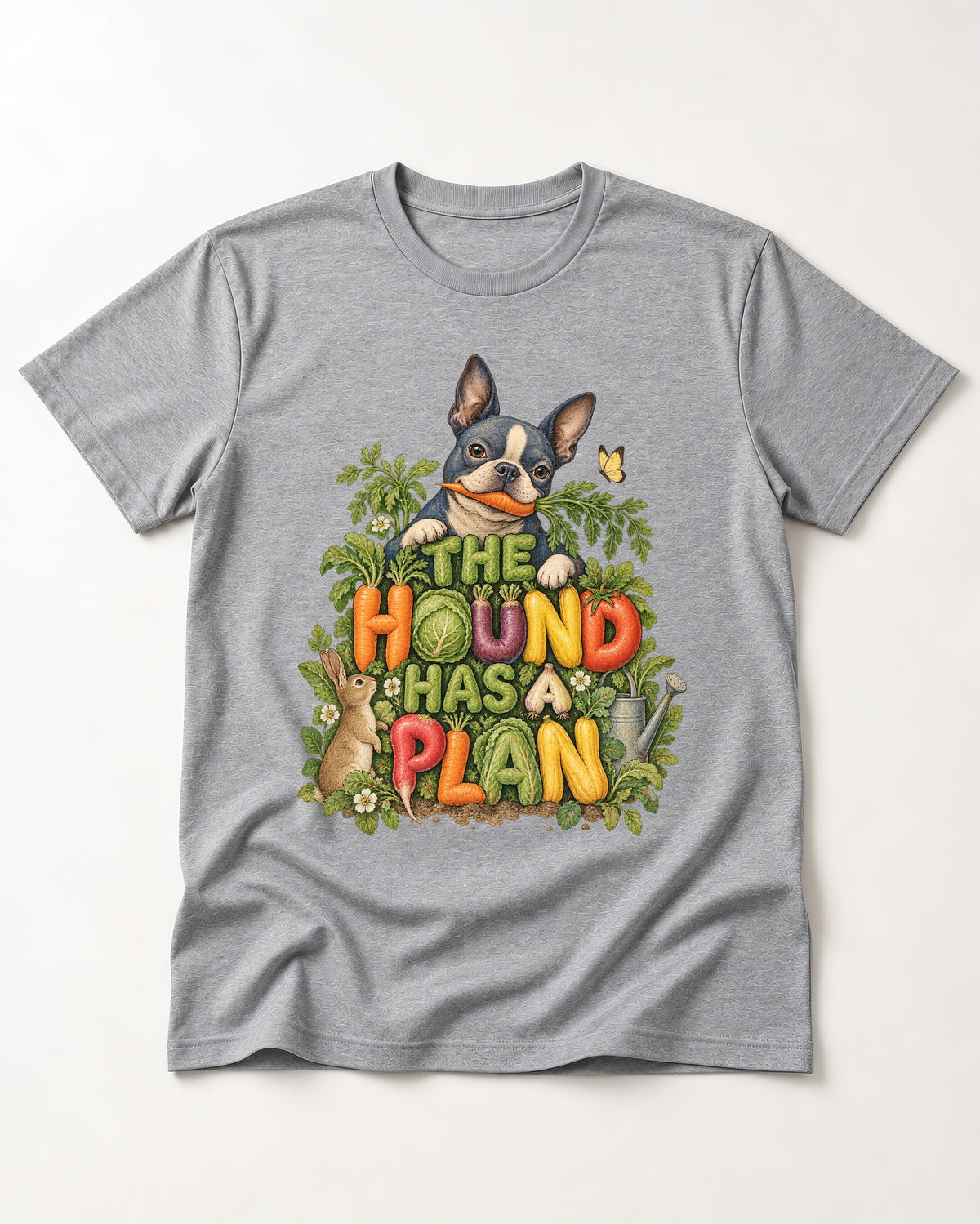 The Hound Has a Plan Boston Terrier T-Shirt in Sport Grey, flat lay product photo