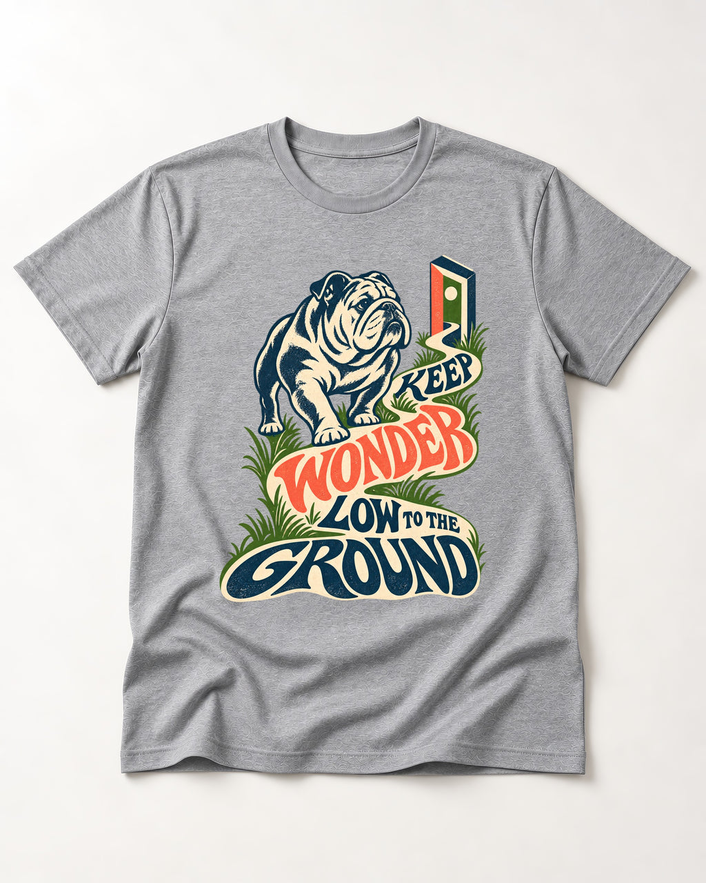 Keep Wonder Low to the Ground English Bulldog Graphic T-Shirt in Sport Grey, flat lay product photo