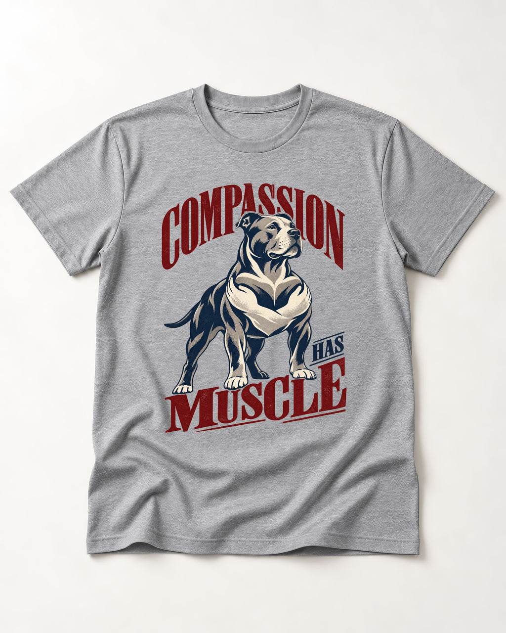 Pitbull Compassion Has Muscle T-Shirt in Sport Grey, flat lay product photo