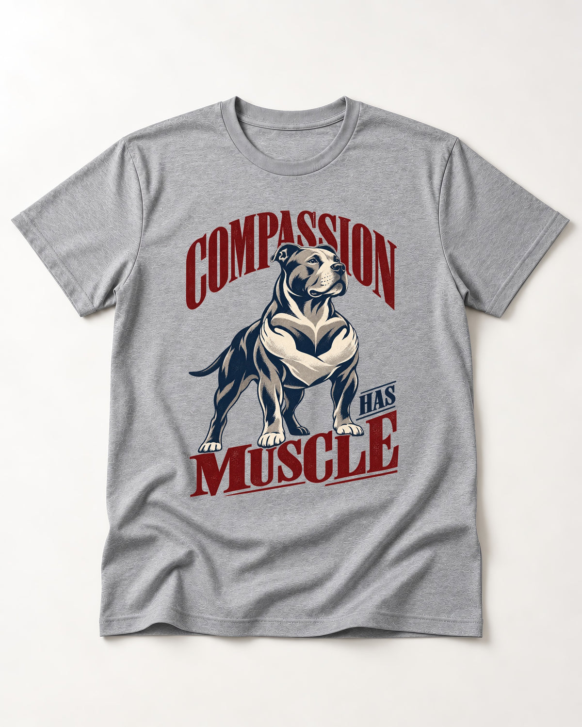 Pitbull Compassion Has Muscle T-Shirt in Sport Grey, flat lay product photo