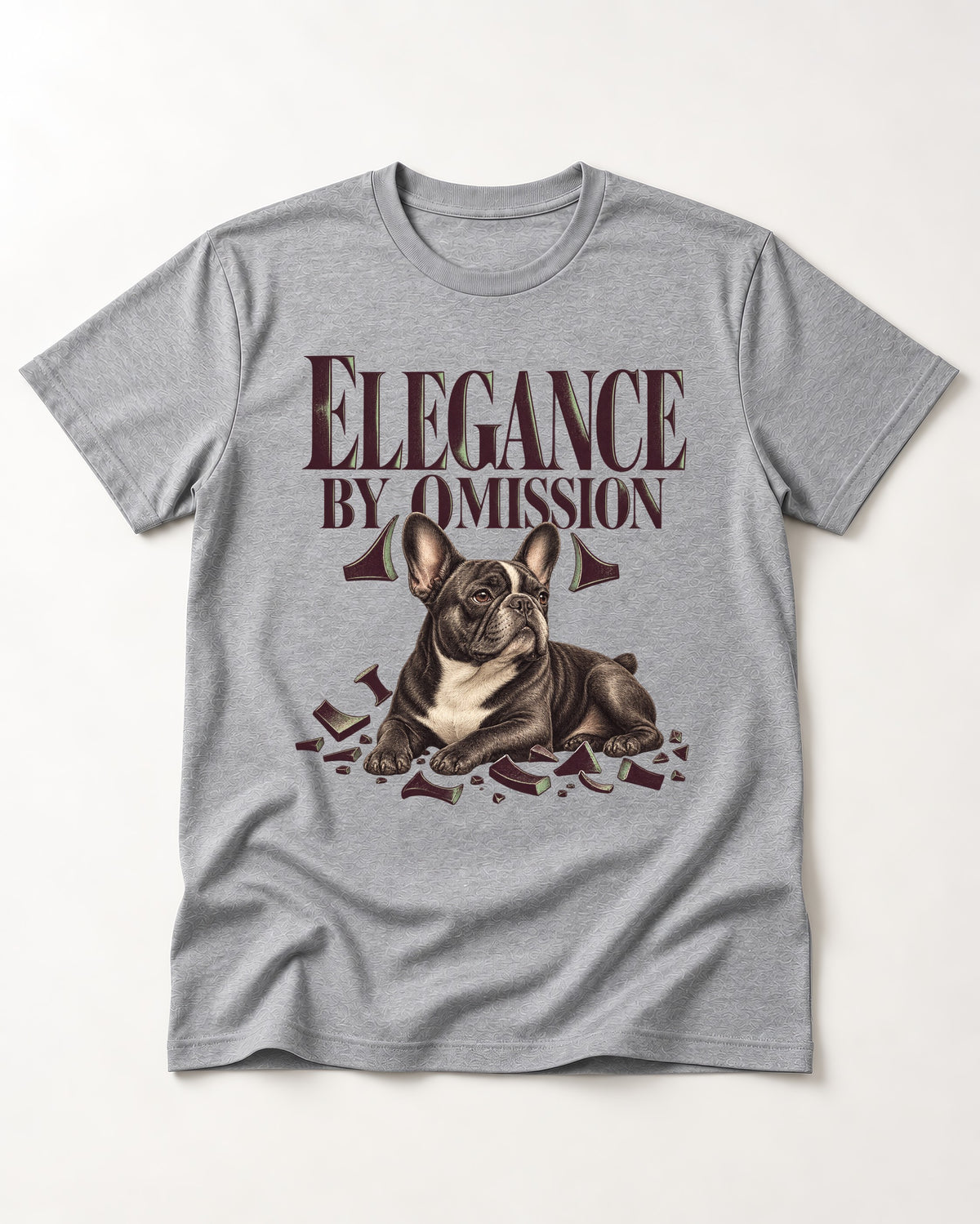Frenchie Elegance by Omission T-Shirt in Sport Grey, flat lay product photo