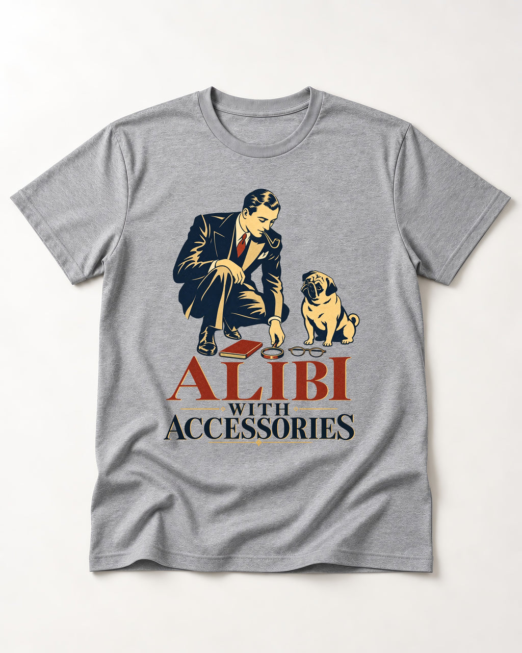 Pug Alibi with Accessories T-Shirt in Sport Grey, flat lay product photo