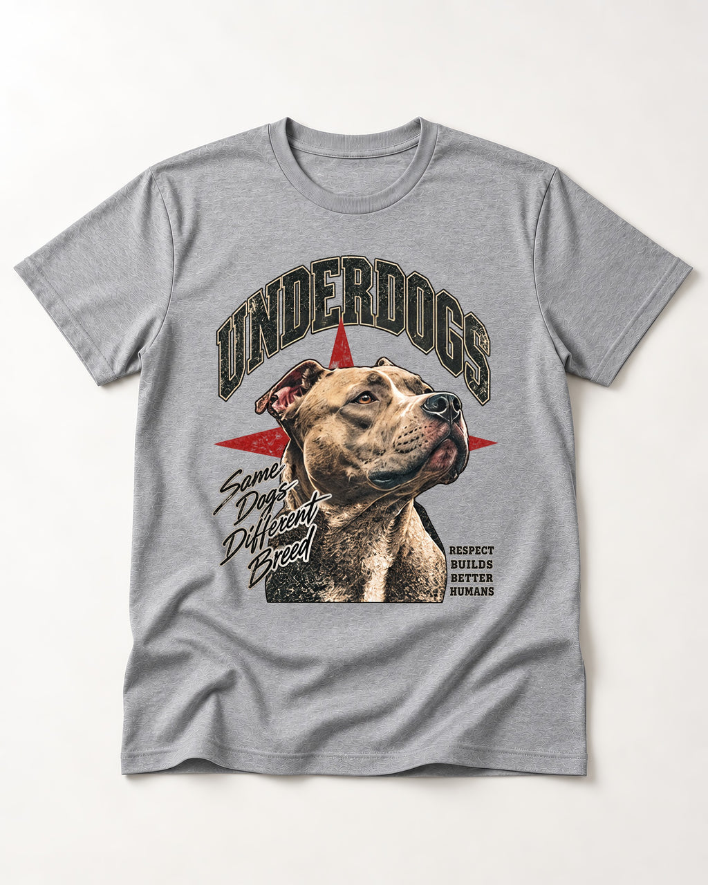 Pitbull Underdogs Same Dogs Different Breed Portrait Graphic T-Shirt in Sport Grey, flat lay product photo