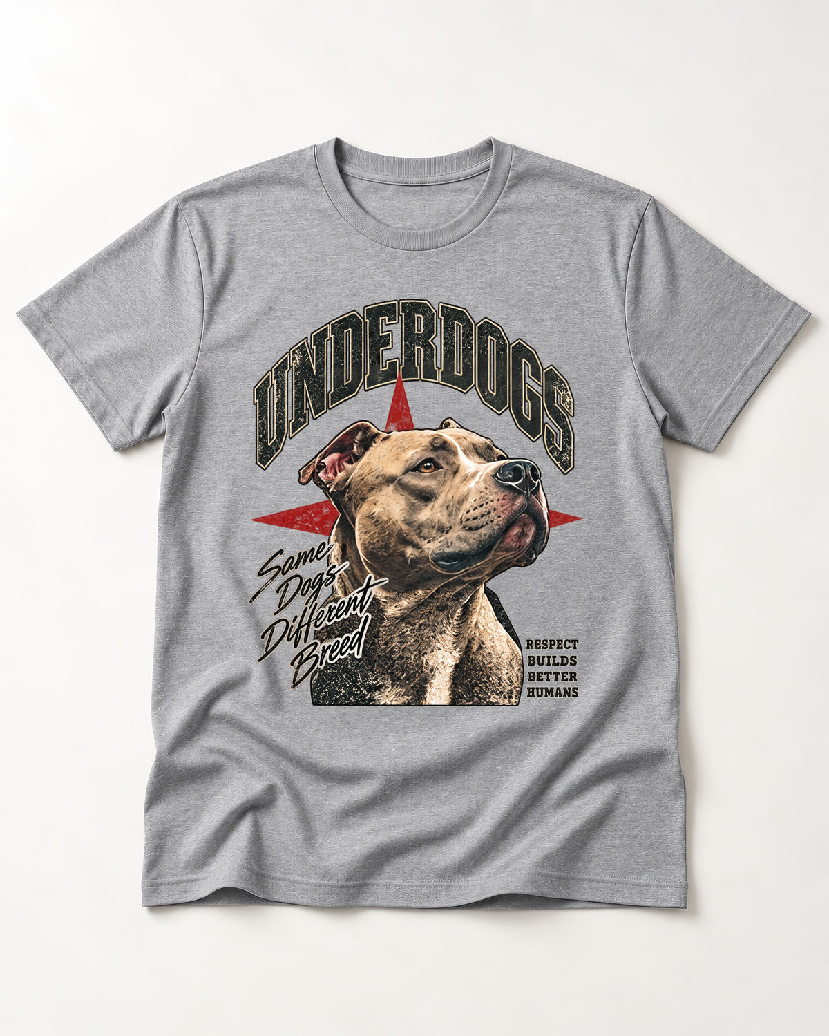 Pitbull Underdogs Same Dogs Different Breed Portrait Graphic T-Shirt in Sport Grey, flat lay product photo