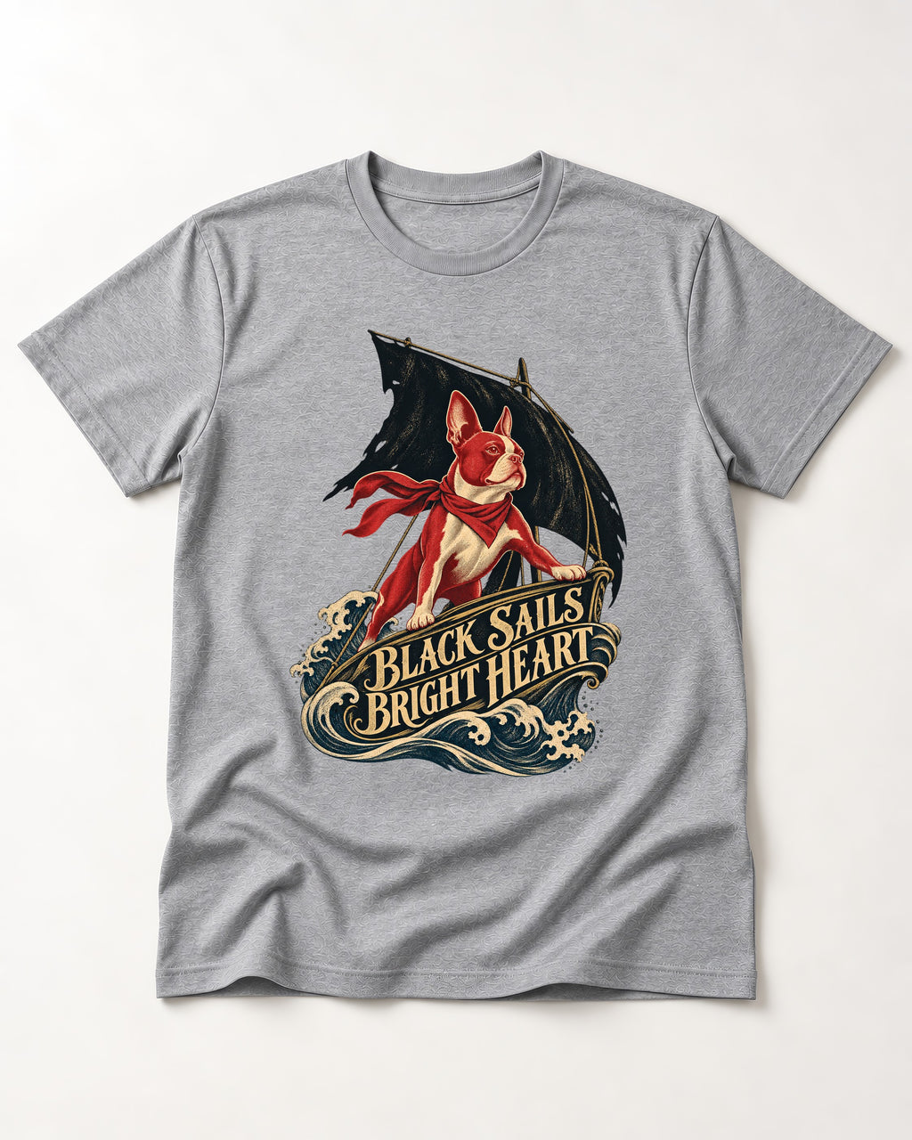 Black Sails Bright Heart Boston Terrier T-Shirt in Sport Grey, flat lay product photo