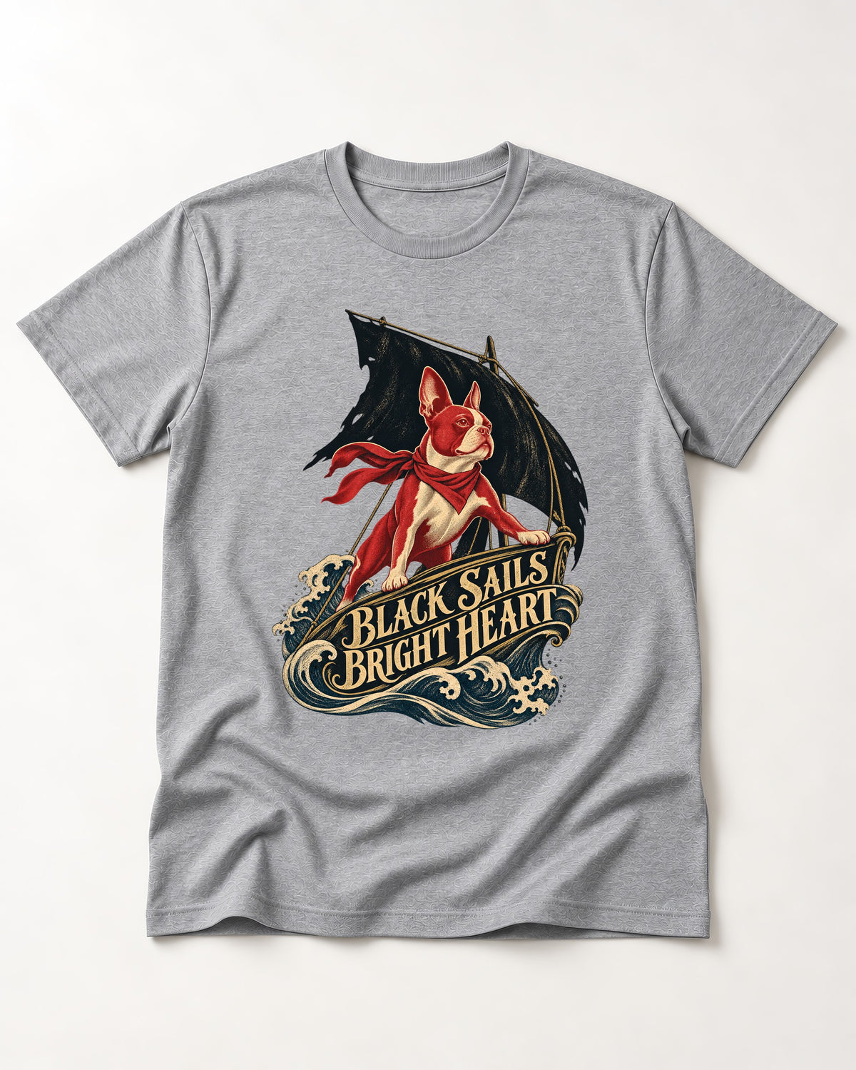 Black Sails Bright Heart Boston Terrier T-Shirt in Sport Grey, flat lay product photo