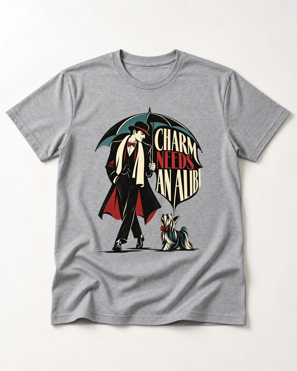 Charm Needs an Alibi Yorkshire Terrier T-Shirt in Sport Grey, flat lay product photo