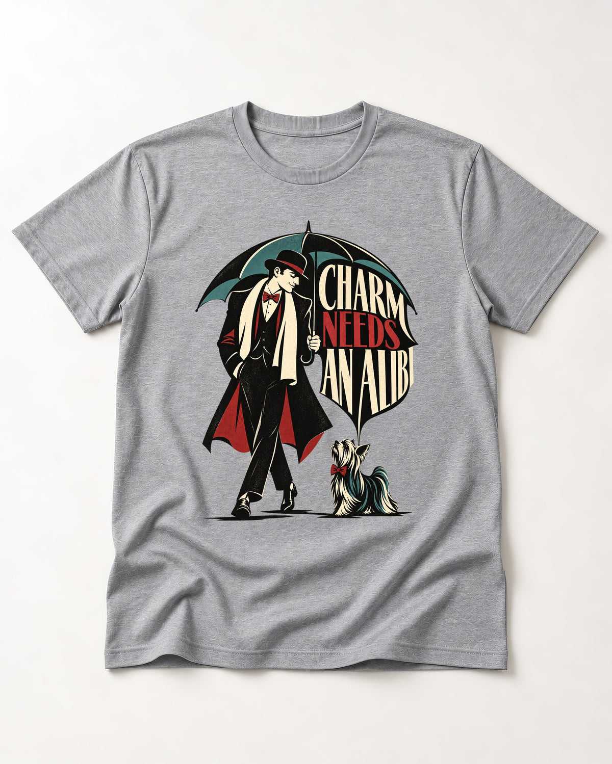 Charm Needs an Alibi Yorkshire Terrier T-Shirt in Sport Grey, flat lay product photo