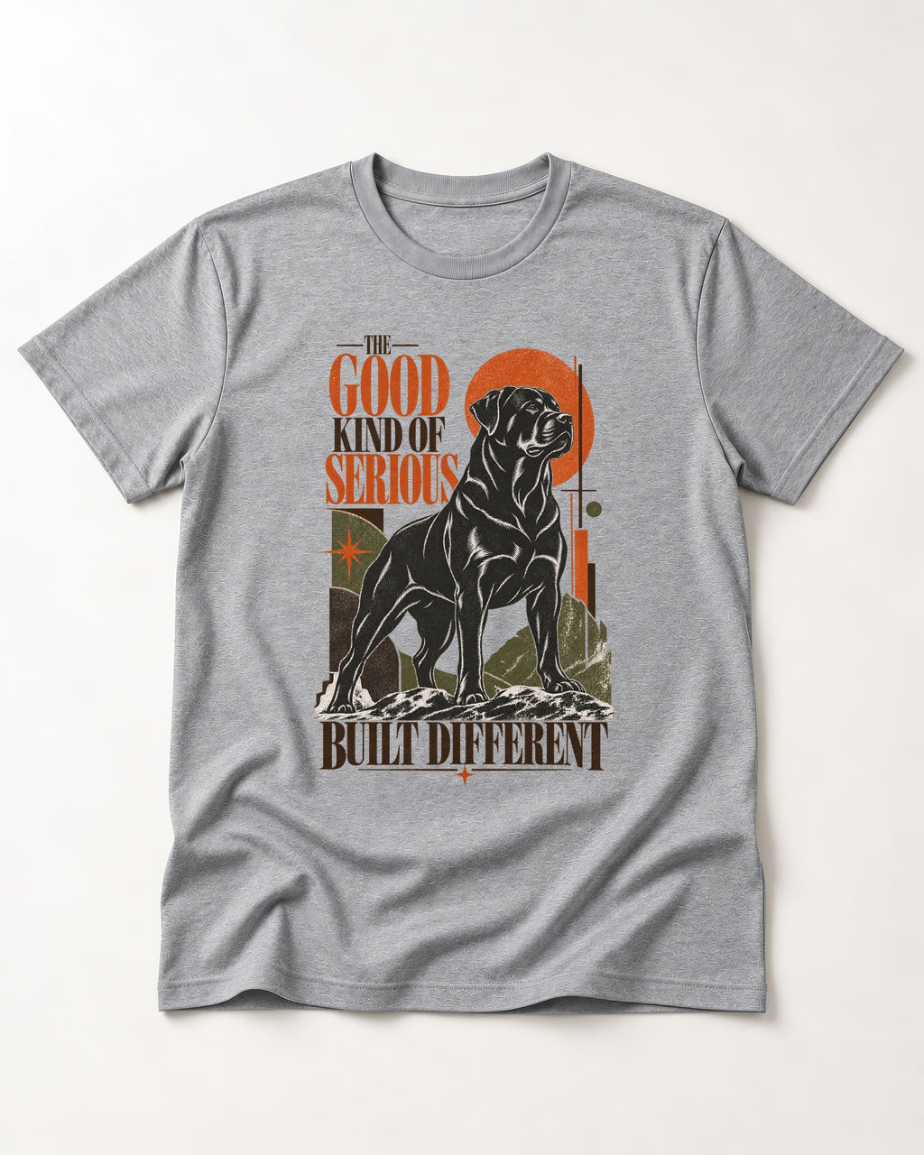 Rottweiler Built Different T-Shirt in Sport Grey, flat lay product photo