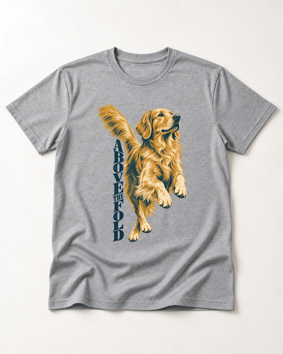 Golden Retriever Above the Fold T-Shirt in Sport Grey, flat lay product photo