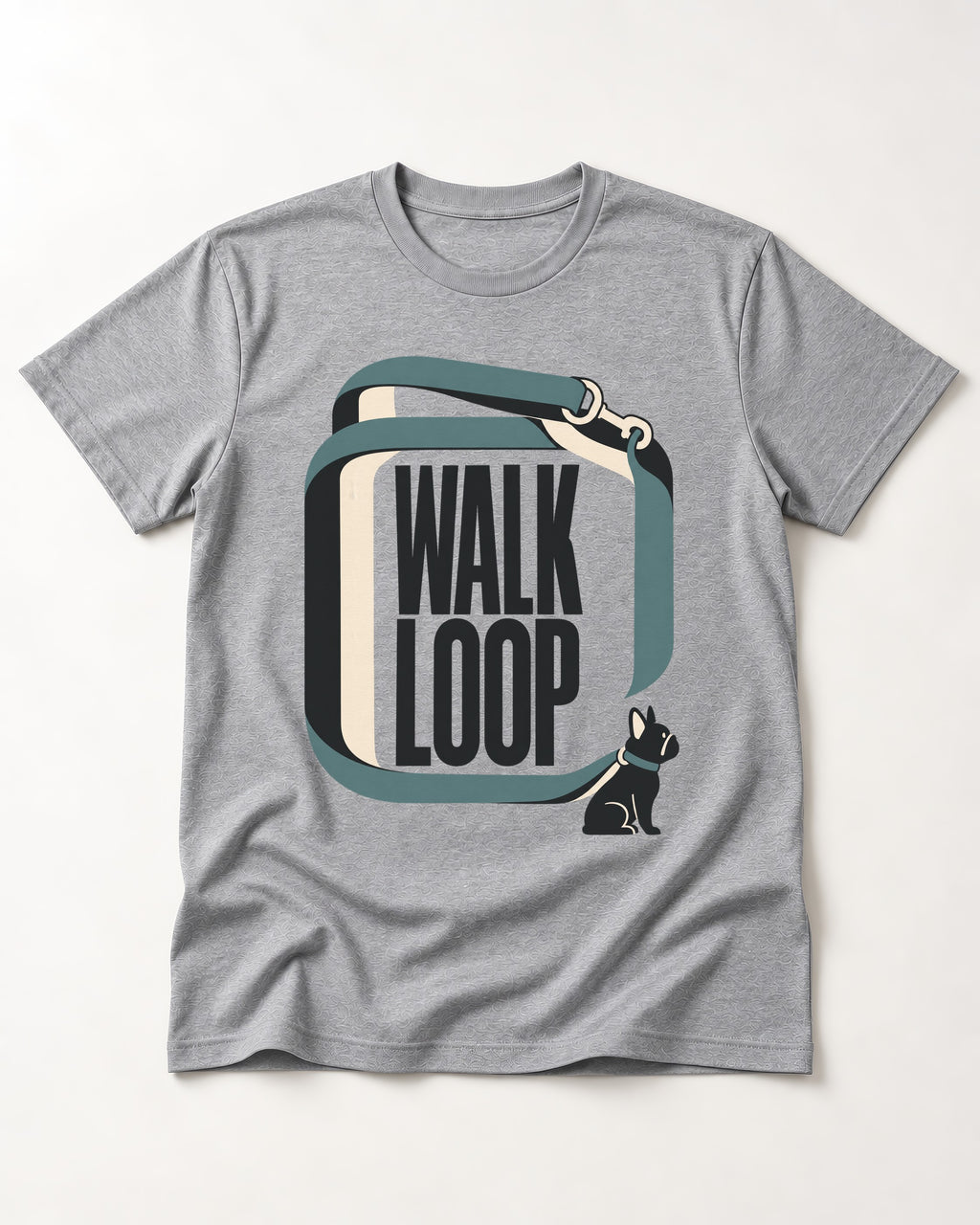 Frenchie Walk Loop Leash Frame Graphic T-Shirt in Sport Grey, flat lay product photo