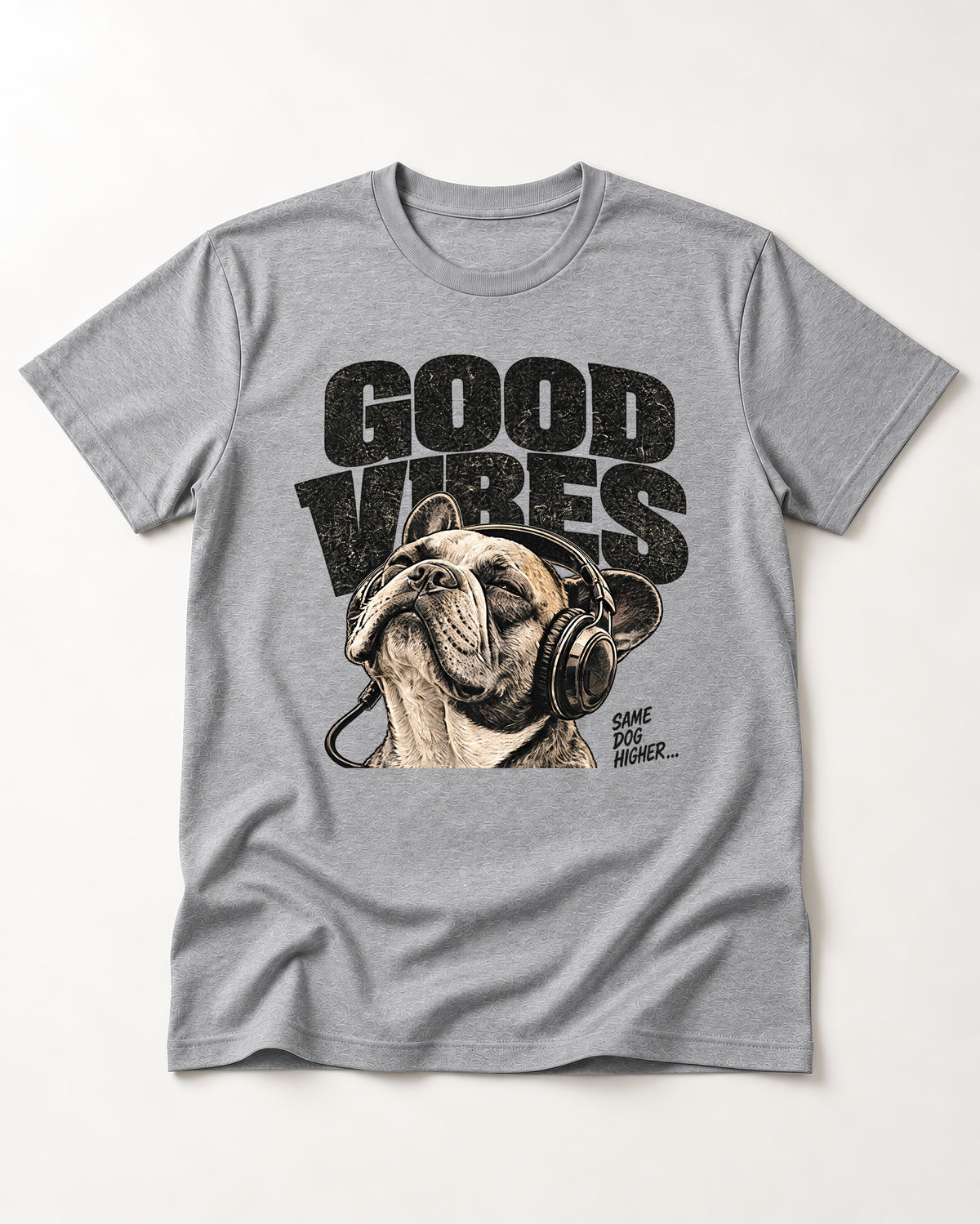 Frenchie Good Vibes T-Shirt in Sport Grey, flat lay product photo