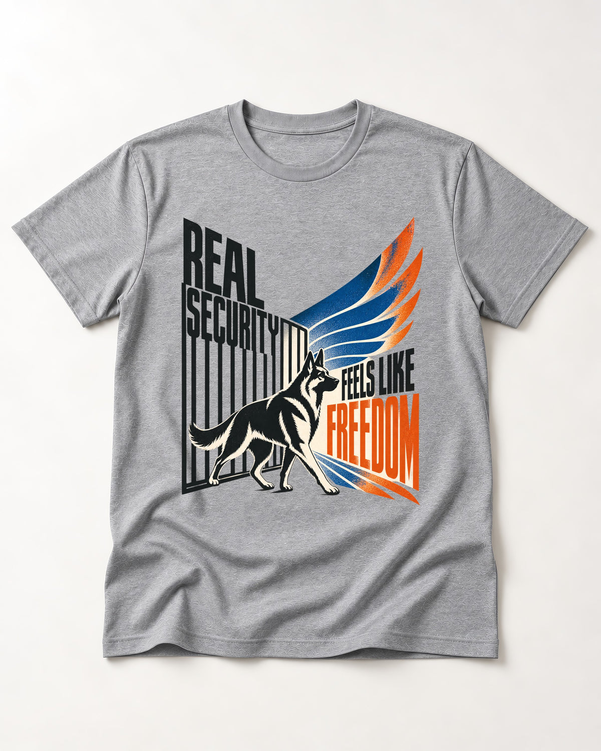 German Shepherd Dog Feels Like Freedom T-Shirt in Sport Grey, flat lay product photo