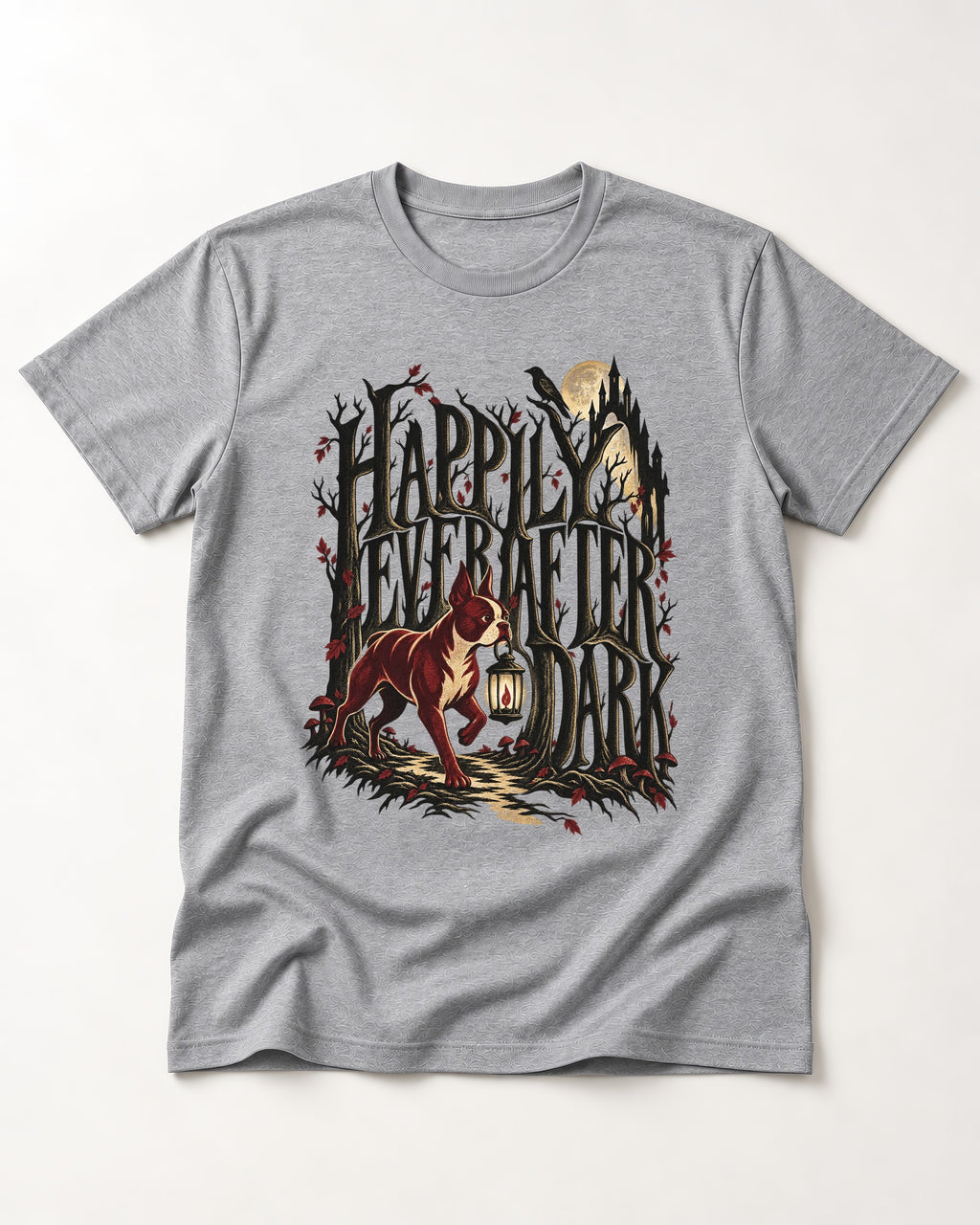 Happily Ever After Dark Boston Terrier T-Shirt in Sport Grey, flat lay product photo