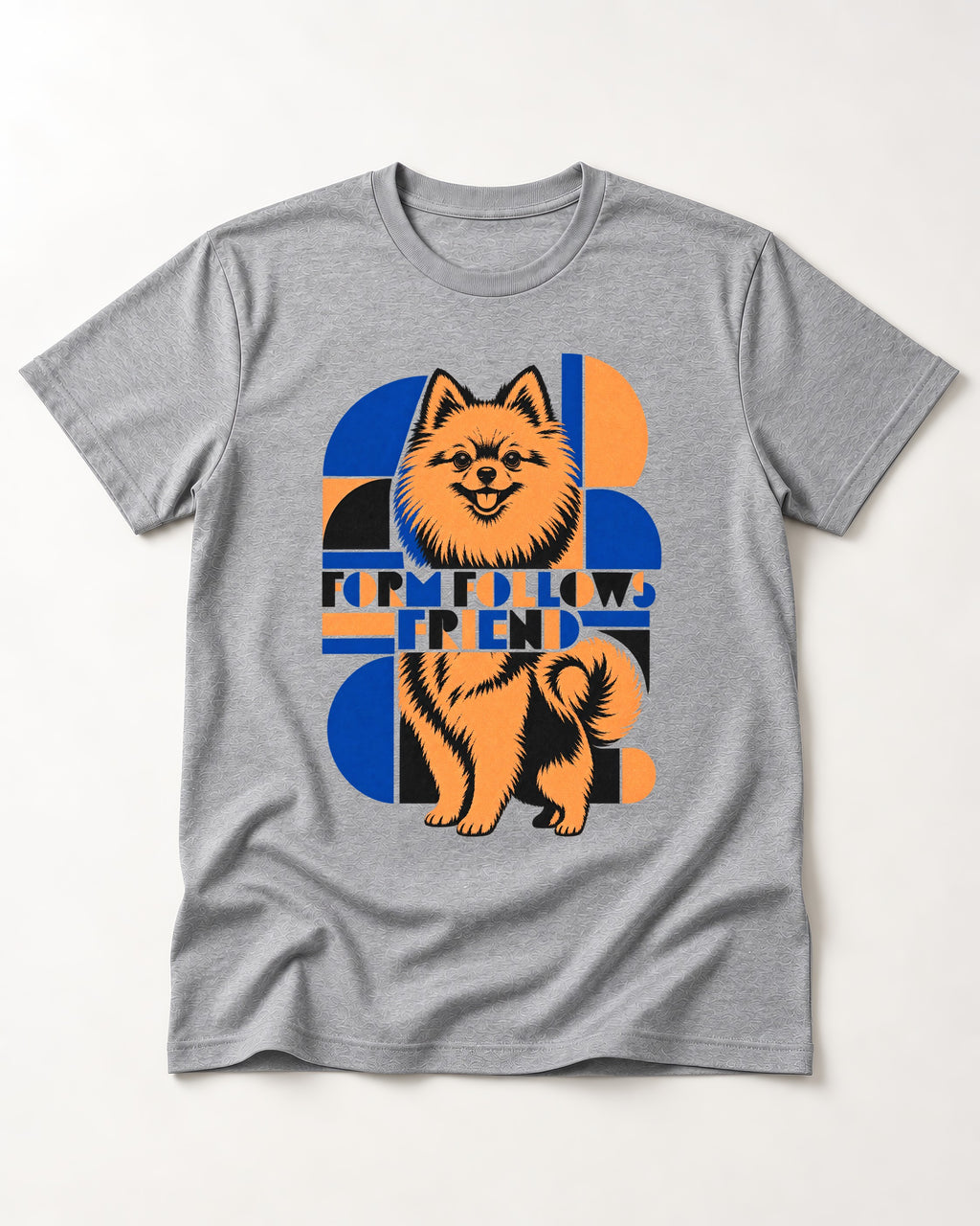 Form Follows Pomeranian Friend T-Shirt in Sport Grey, flat lay product photo