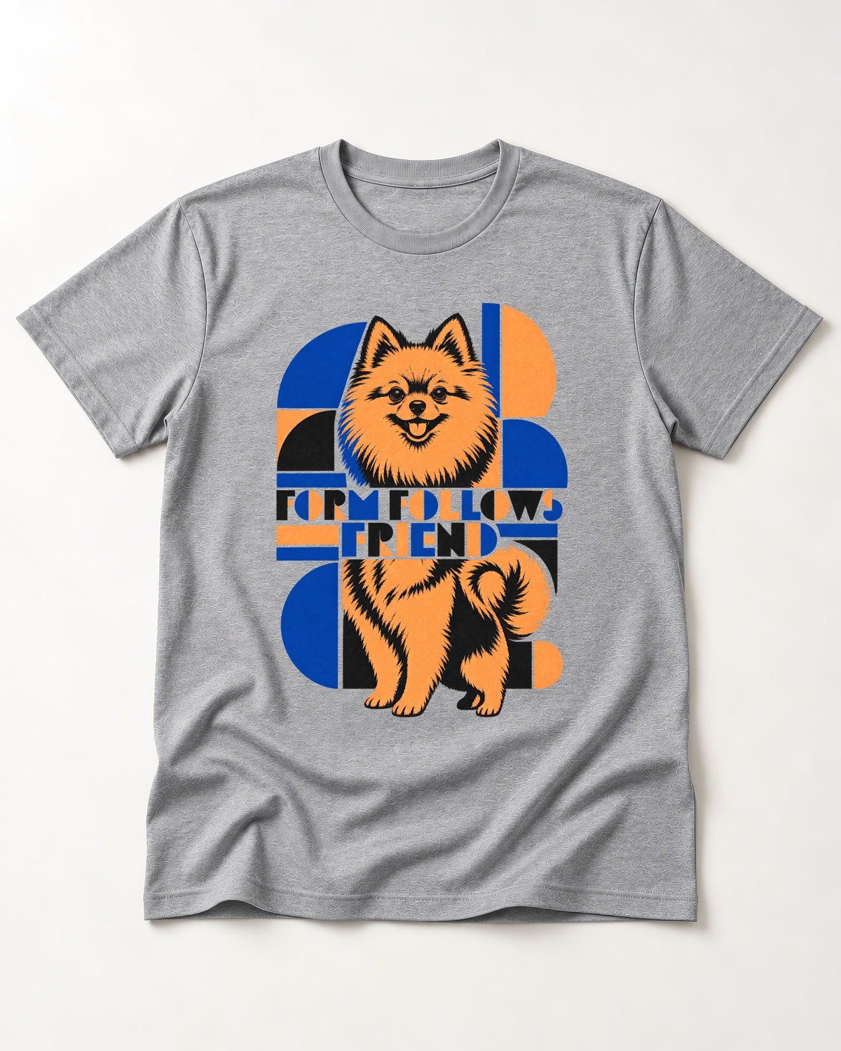 Form Follows Pomeranian Friend T-Shirt in Sport Grey, flat lay product photo