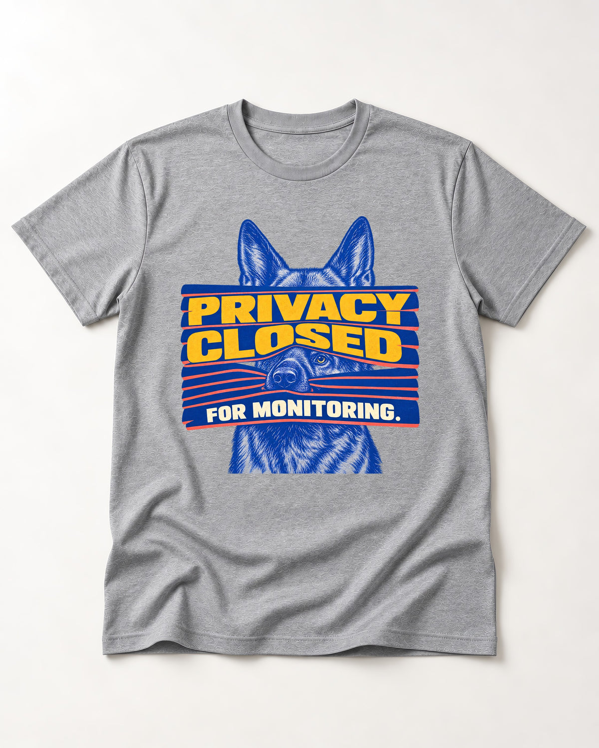 German Shepherd Dog Privacy Closed for Monitoring T-Shirt in Sport Grey, flat lay product photo