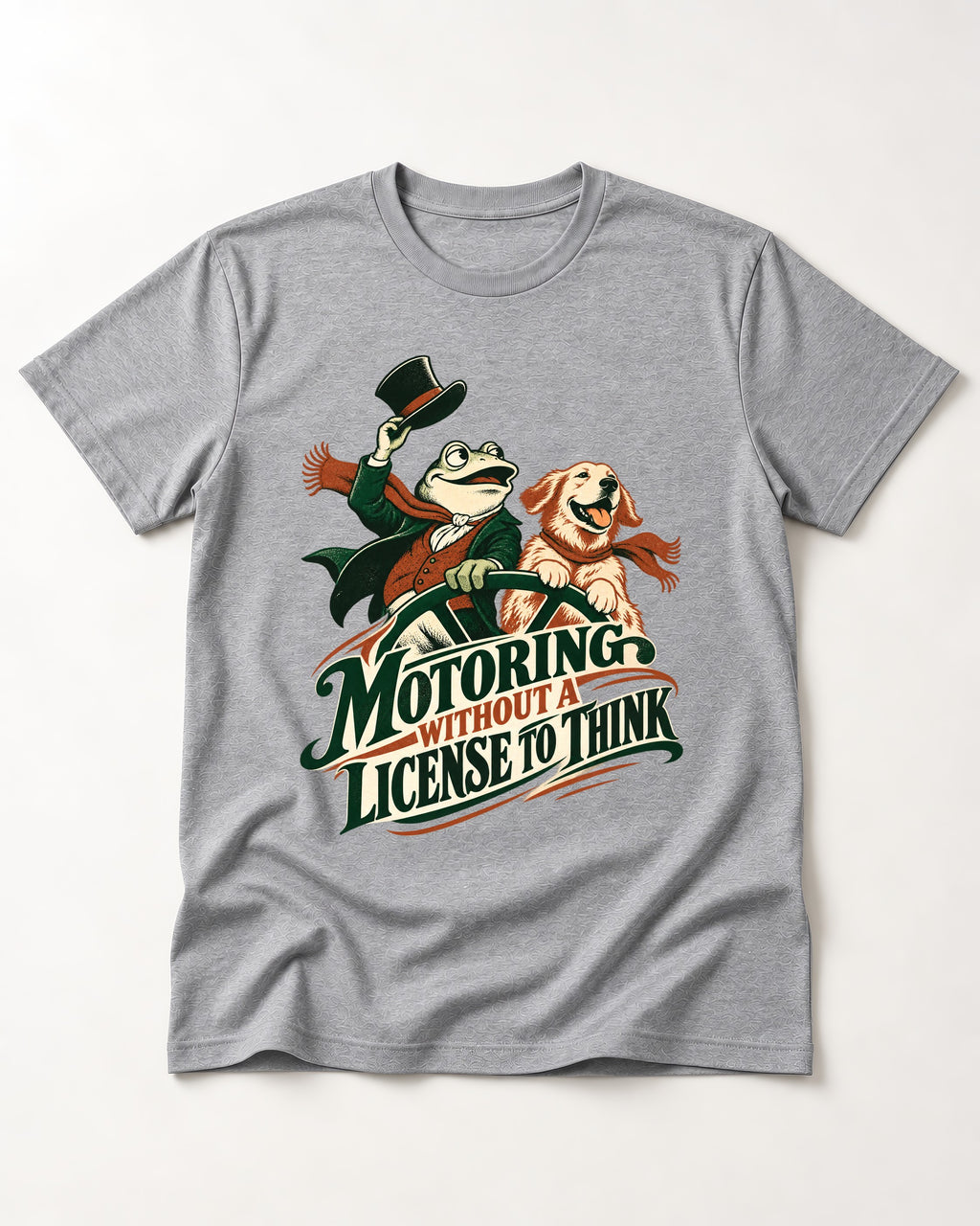 Golden Retriever Motoring Without a License to Think Driving Graphic T-Shirt in Sport Grey, flat lay product photo