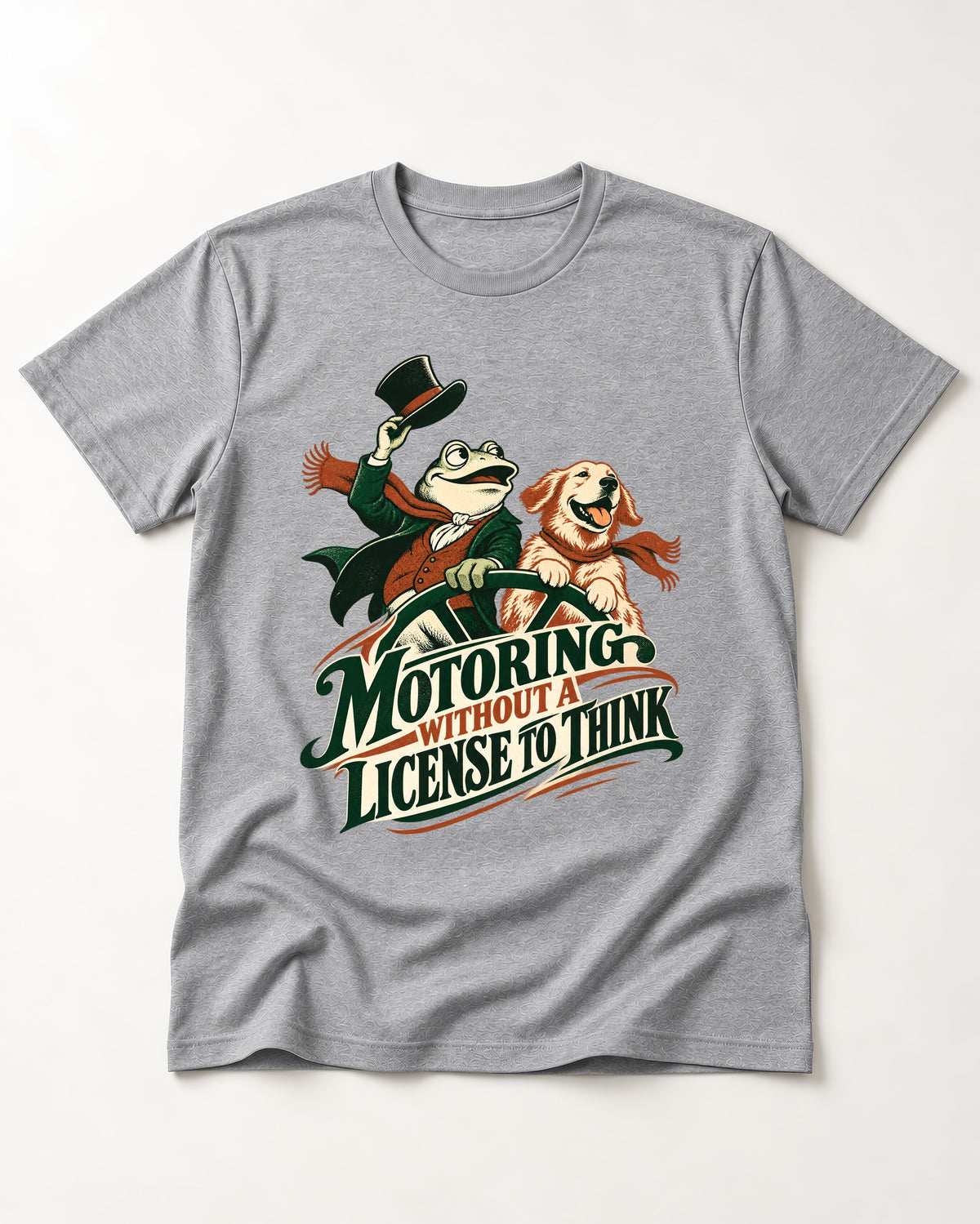 Golden Retriever Motoring Without a License to Think Driving Graphic T-Shirt in Sport Grey, flat lay product photo