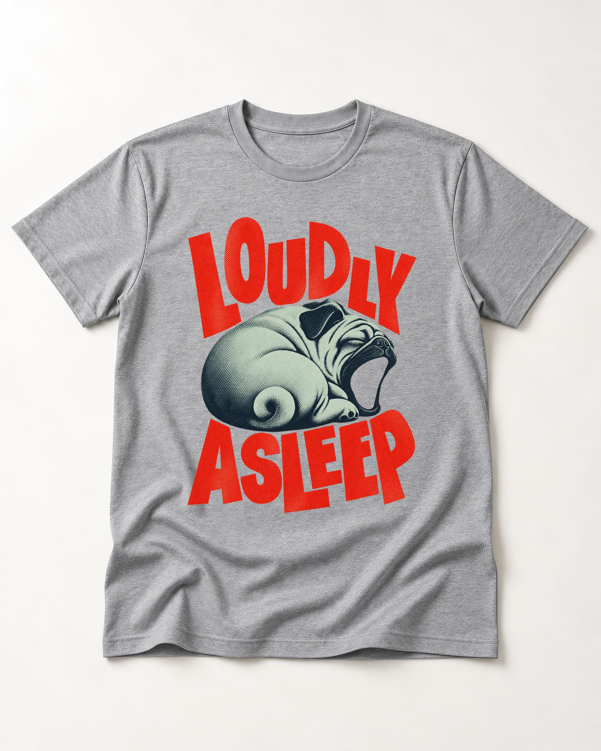 Pug Loudly Asleep Curled Yawn Graphic T-Shirt in Sport Grey, flat lay product photo