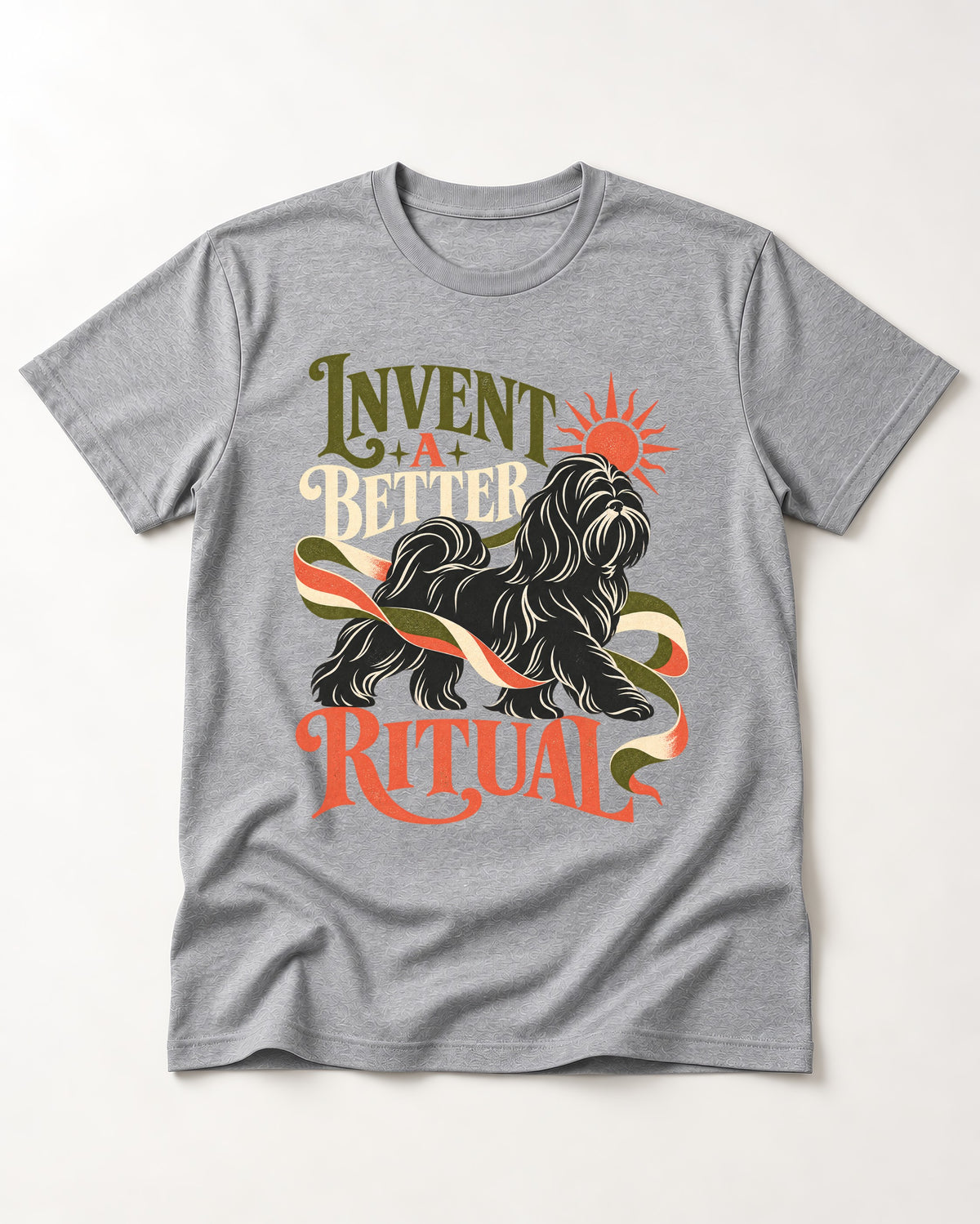 Shih Tzu Invent A Better Ritual Sunrise Ribbon Graphic T-Shirt in Sport Grey, flat lay product photo