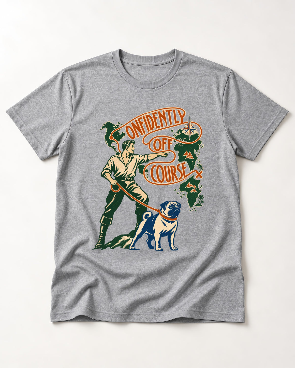 Pug Confidently Off Course T-Shirt in Sport Grey, flat lay product photo