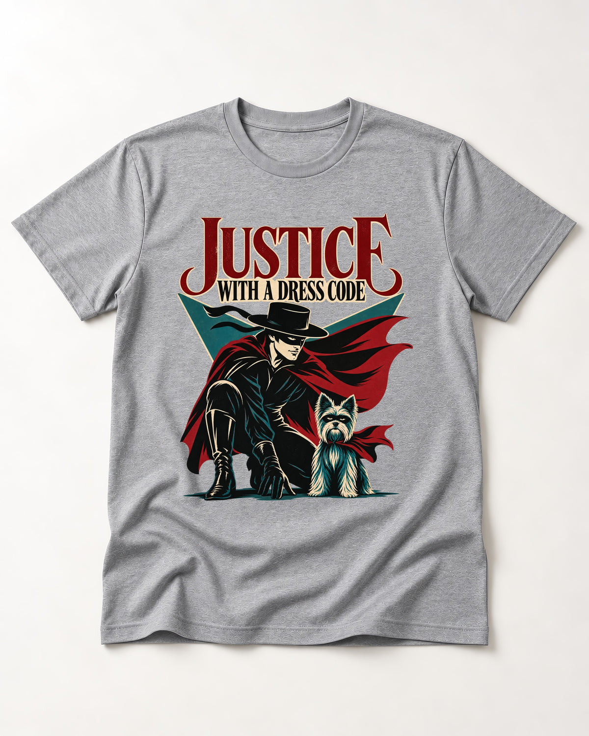 Yorkshire Terrier Dress Code Justice T-Shirt in Sport Grey, flat lay product photo