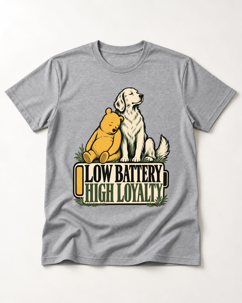 Golden Retriever Low Battery High Loyalty T-Shirt in Sport Grey, flat lay product photo