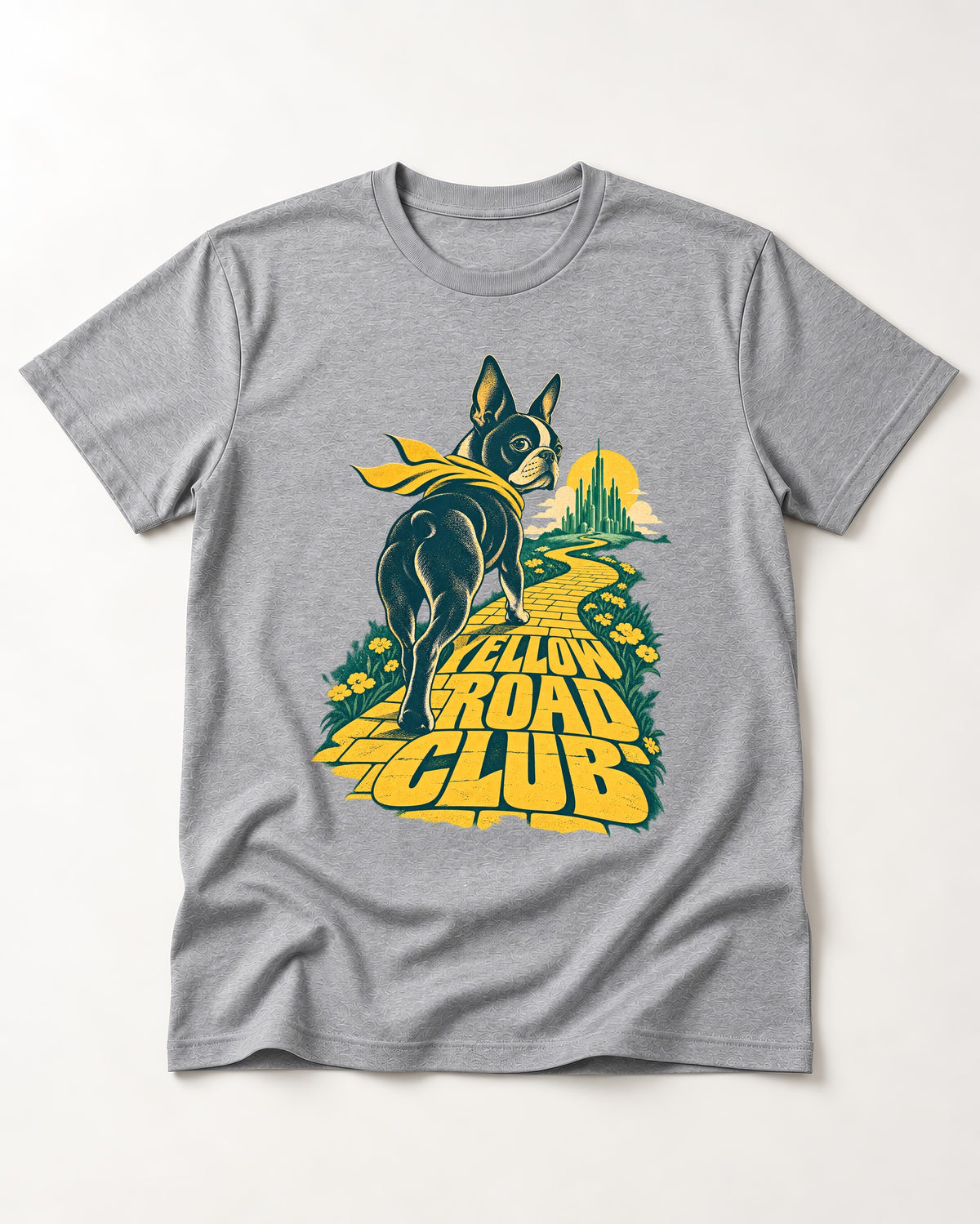Boston Terrier Yellow Road Club T-Shirt in Sport Grey, flat lay product photo