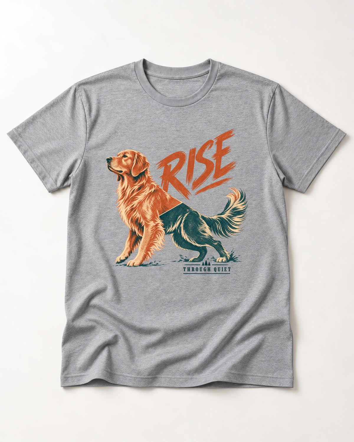 Golden Retriever Rise Through Quiet T-Shirt in Sport Grey, flat lay product photo