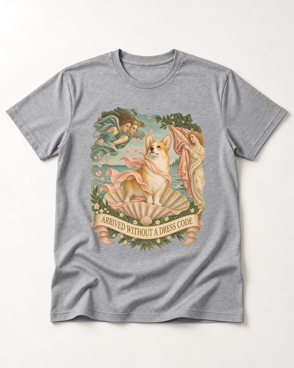 Corgi Arrived Without a Dress Code Birth of Venus T-Shirt in Sport Grey, flat lay product photo