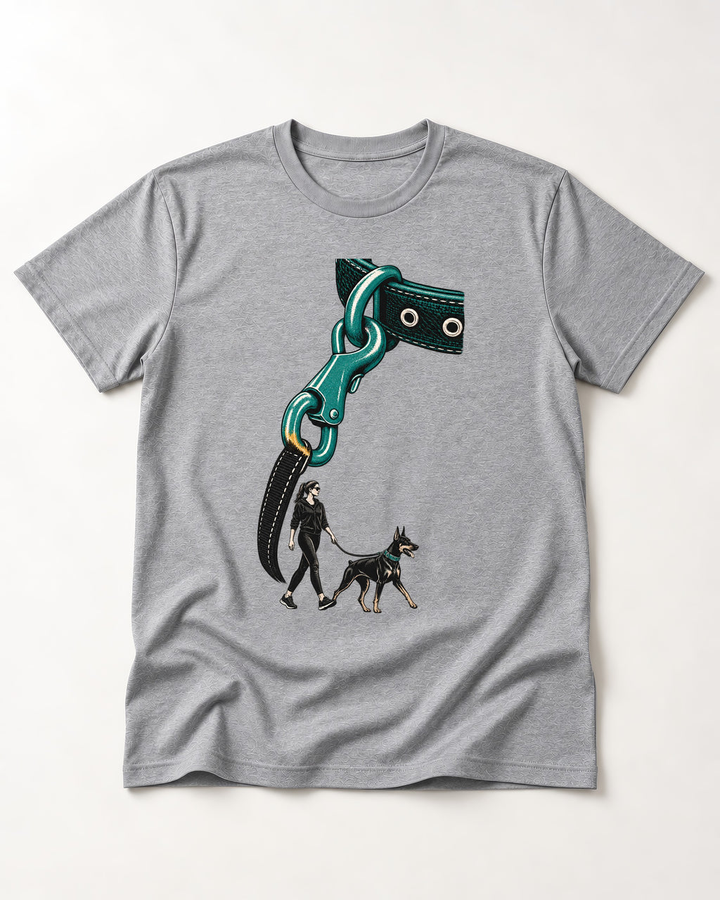 Doberman Oversized Leash Hardware Walk Graphic T-Shirt in Sport Grey, flat lay product photo