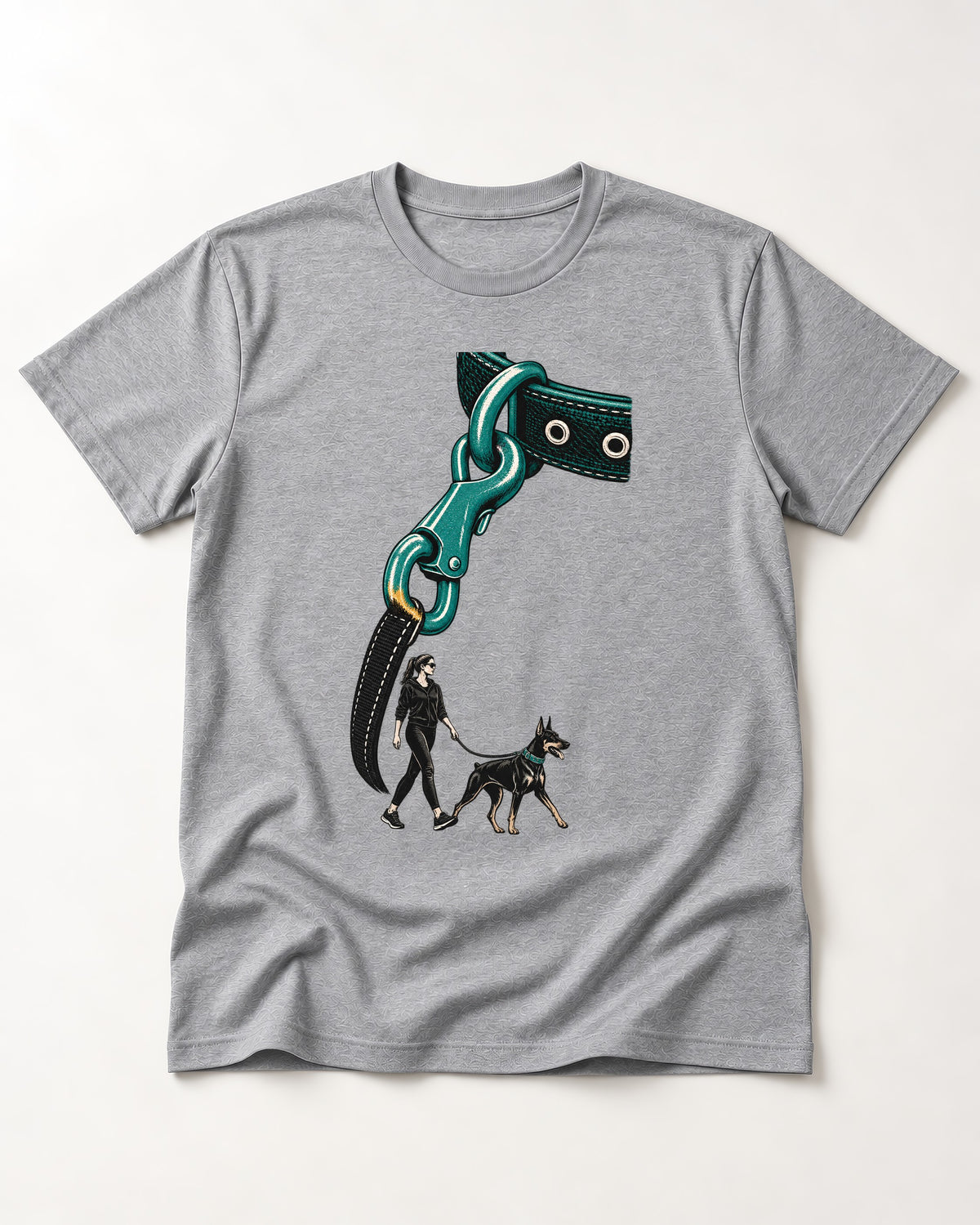 Doberman Oversized Leash Hardware Walk Graphic T-Shirt in Sport Grey, flat lay product photo