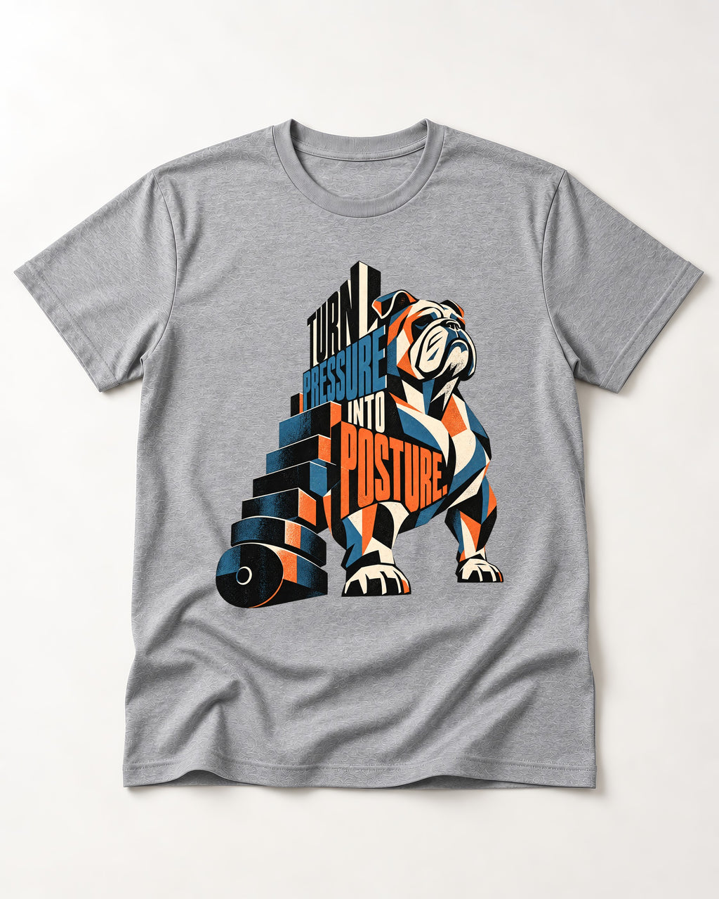 Turn Pressure Into Posture English Bulldog T-Shirt in Sport Grey, flat lay product photo