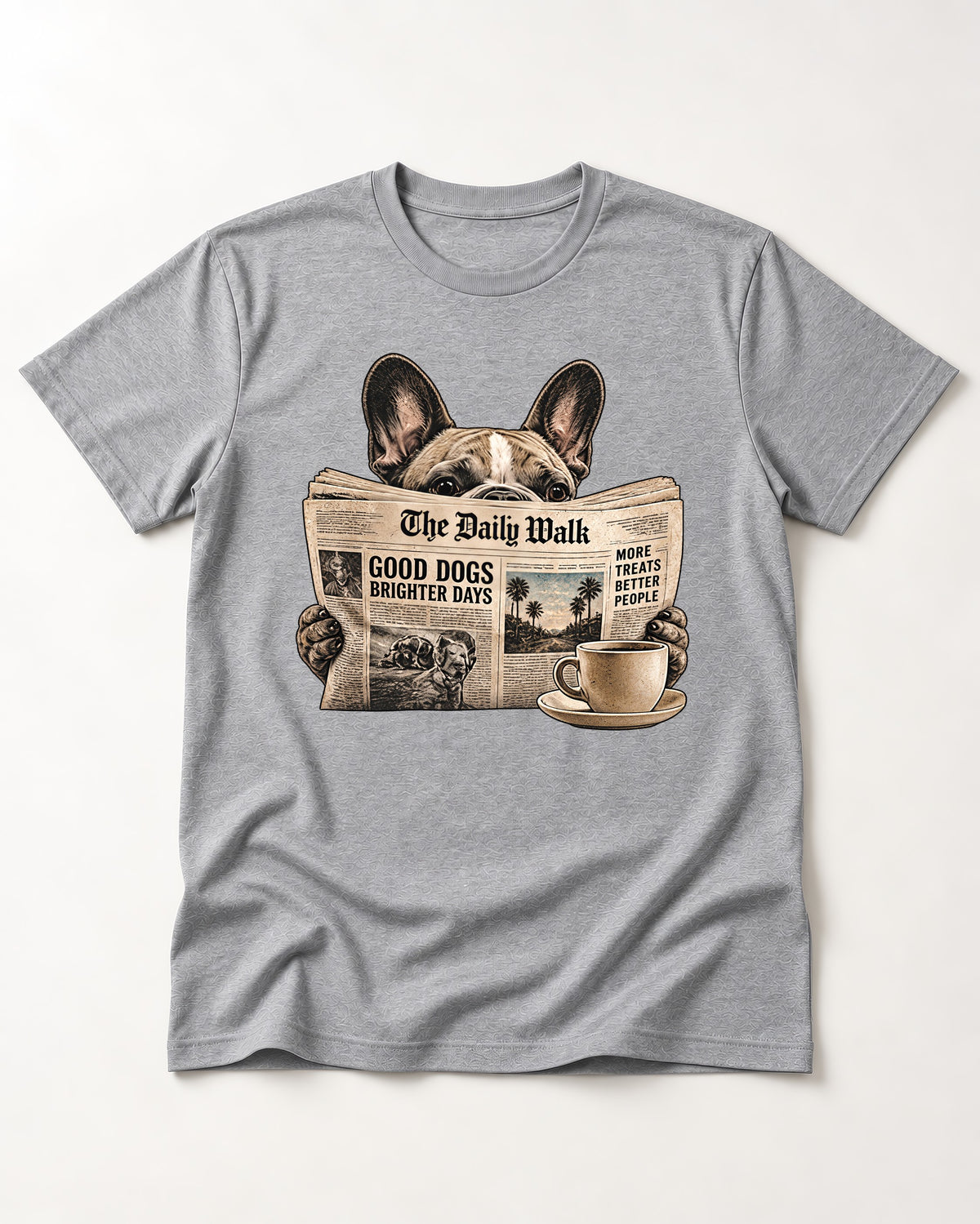 Frenchie Good Dogs Brighter Days Newspaper Graphic T-Shirt in Sport Grey, flat lay product photo