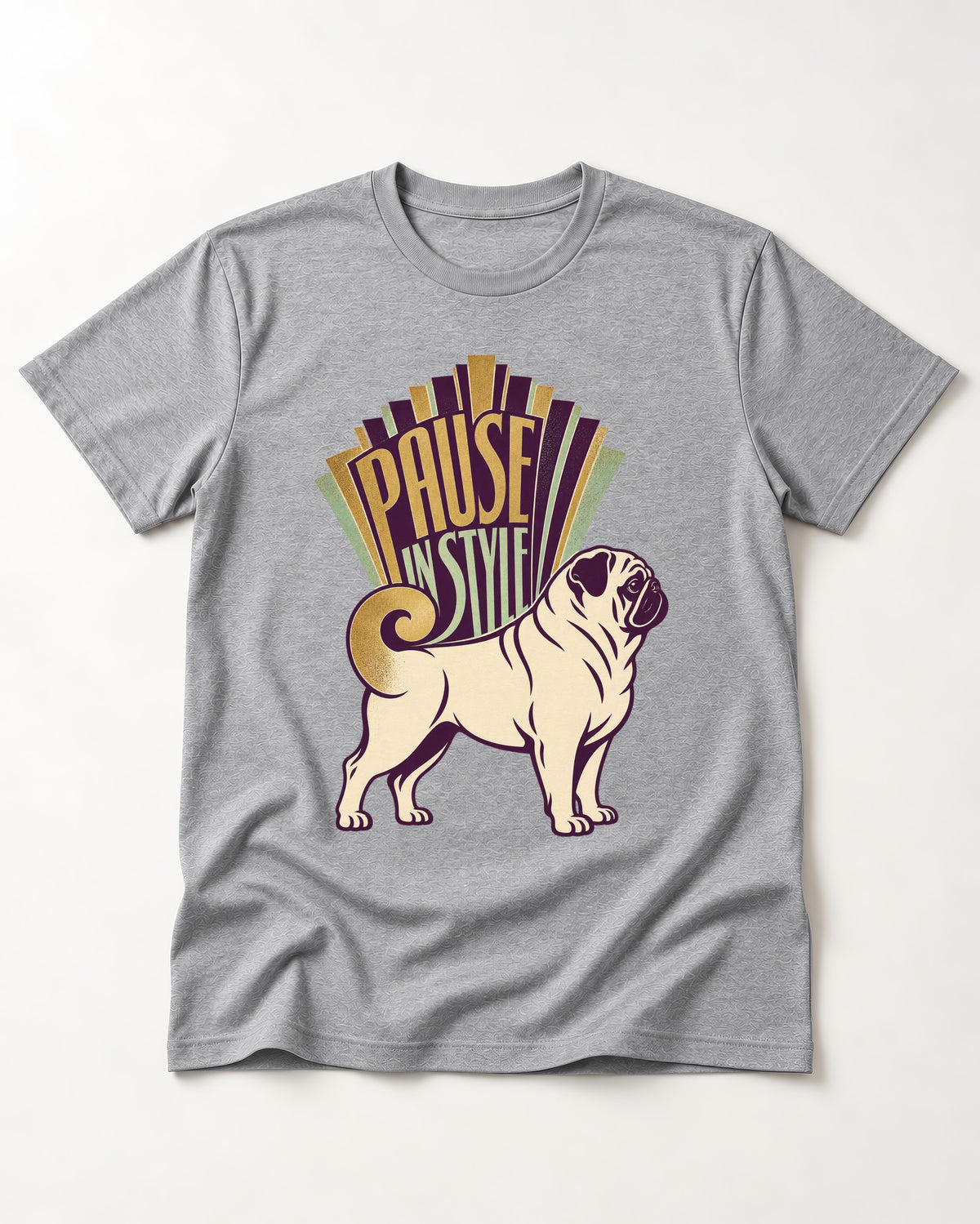 Pug Pause T-Shirt in Sport Grey, flat lay product photo